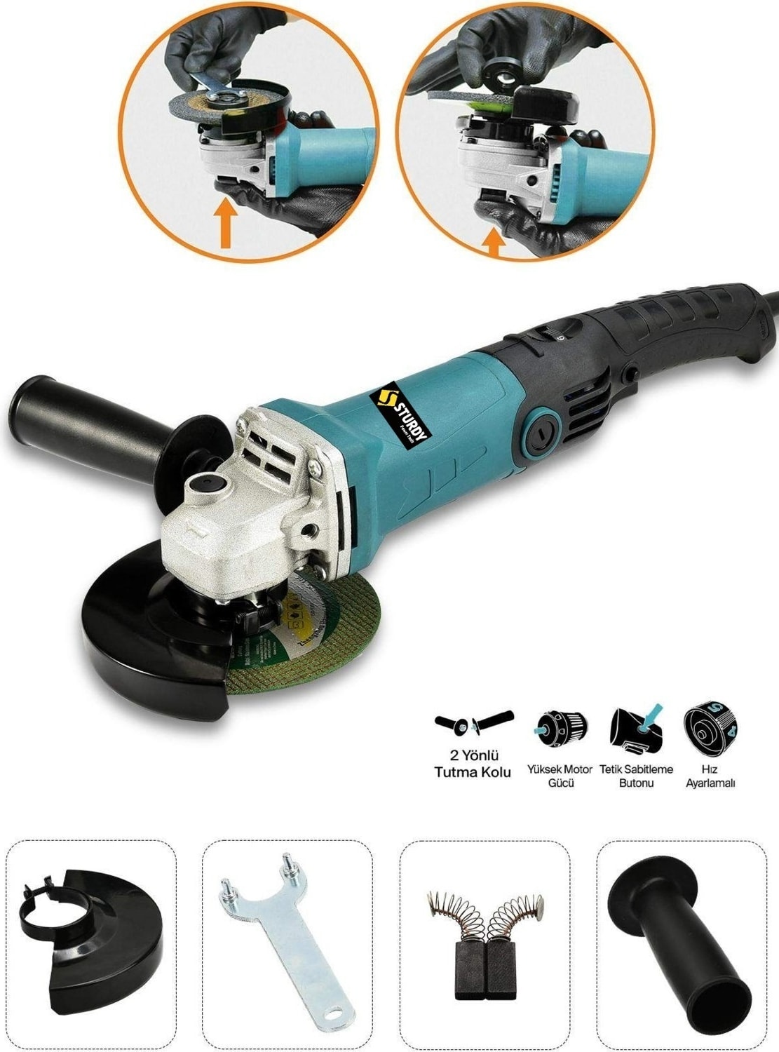 HK-AQ11504 Profesyonel 1250W Bakır Sargı 125 mm Devir Ayarlı Spiral Avuç İçi Kesme ve Taşlama Makinası