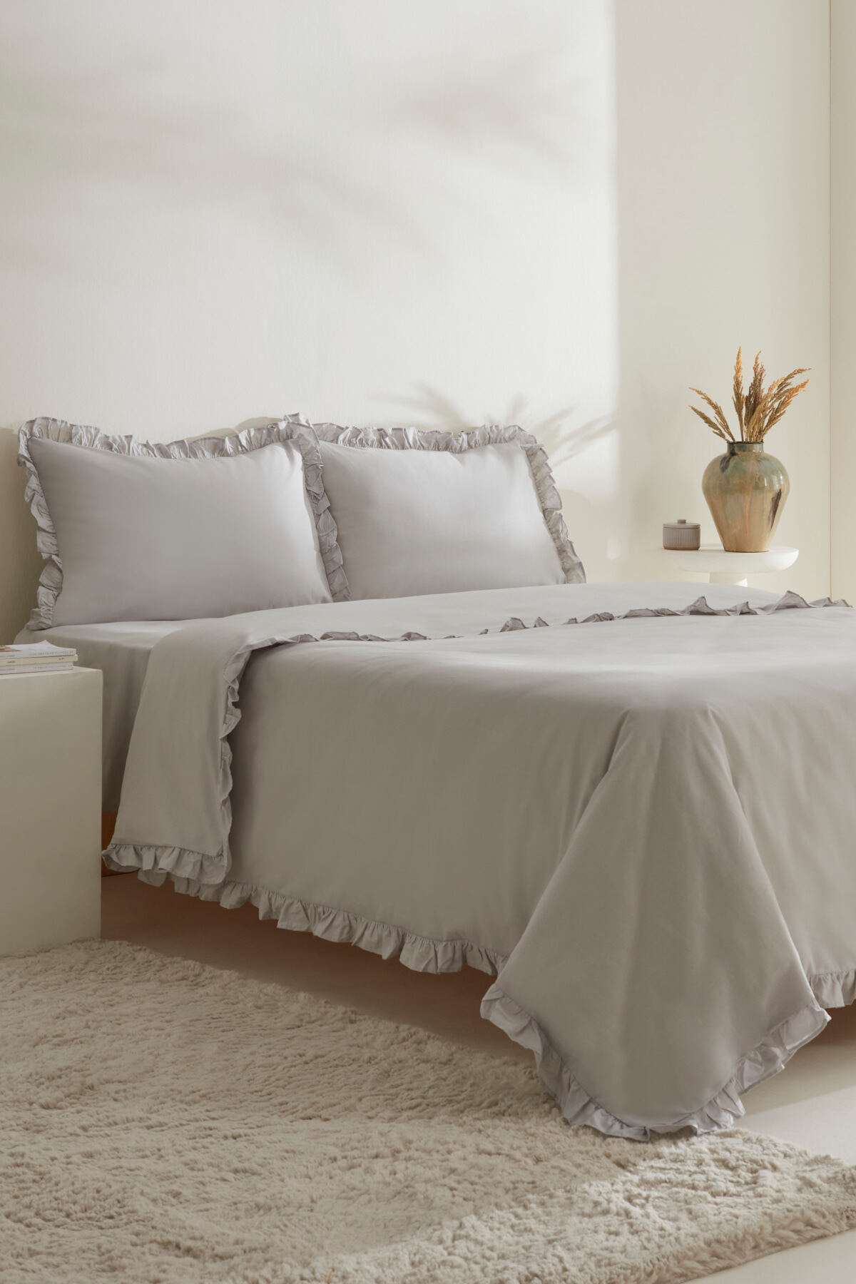 Pure Ruffle %100 Pamuk Çift Kişilik Nevresim Takımı Açık Gri