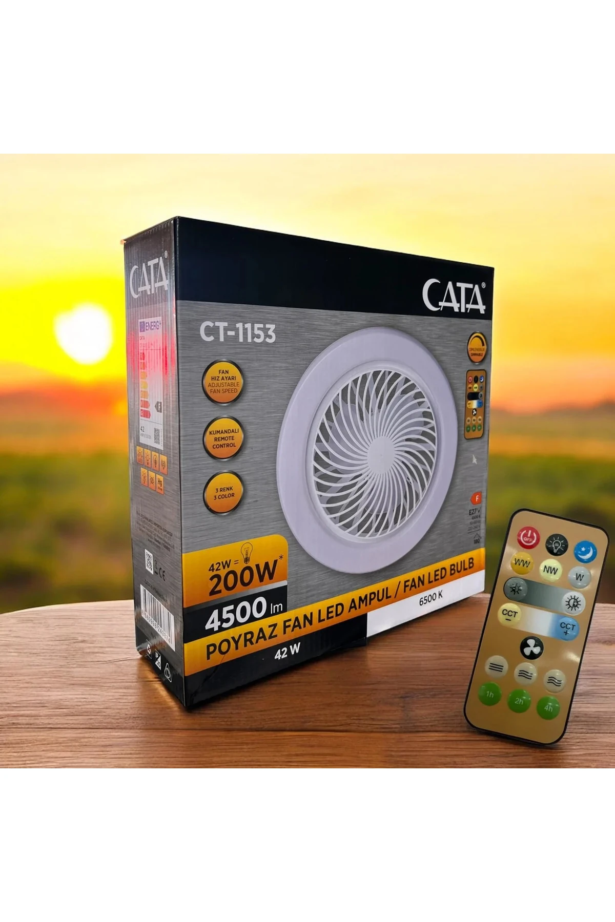 CT-1153 Poyraz Fanlı LED 42 Watt Ampul Lamba Beyaz Işık Vantilatör Aydınlatma E27 3 Renk Dim Ed