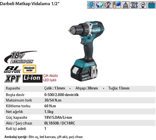 MAKİTA DHP484RTJ 5 Ah. Darbeli Matkap Vidalama 1/2”