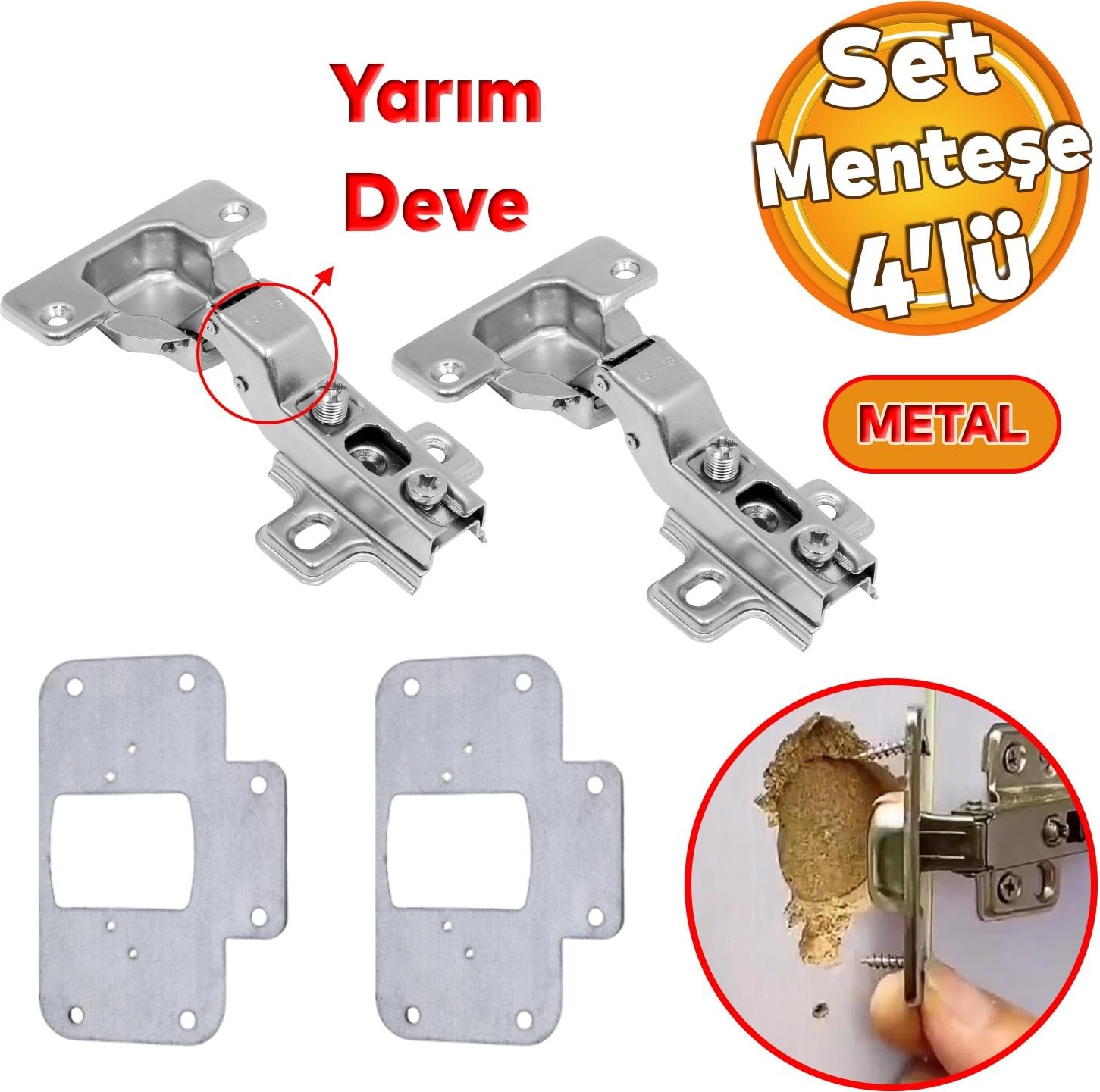 Mobilya Dolap Kapak Taş Menteşe Tamir Onarım Saç Sacı Yuva Tablası Yarım Deve Tas Menteşe 4'lü Set