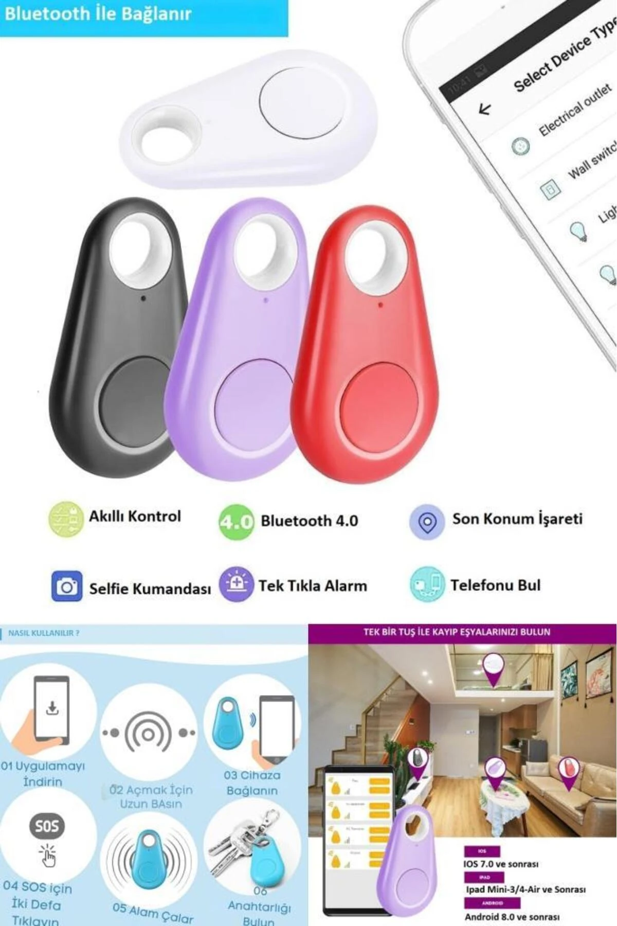 Alarmlı Kayıp Eşya Bulucu Akıllı Anahtarlık Selfie Çekim Kumandası Akıllı Anahtarlık