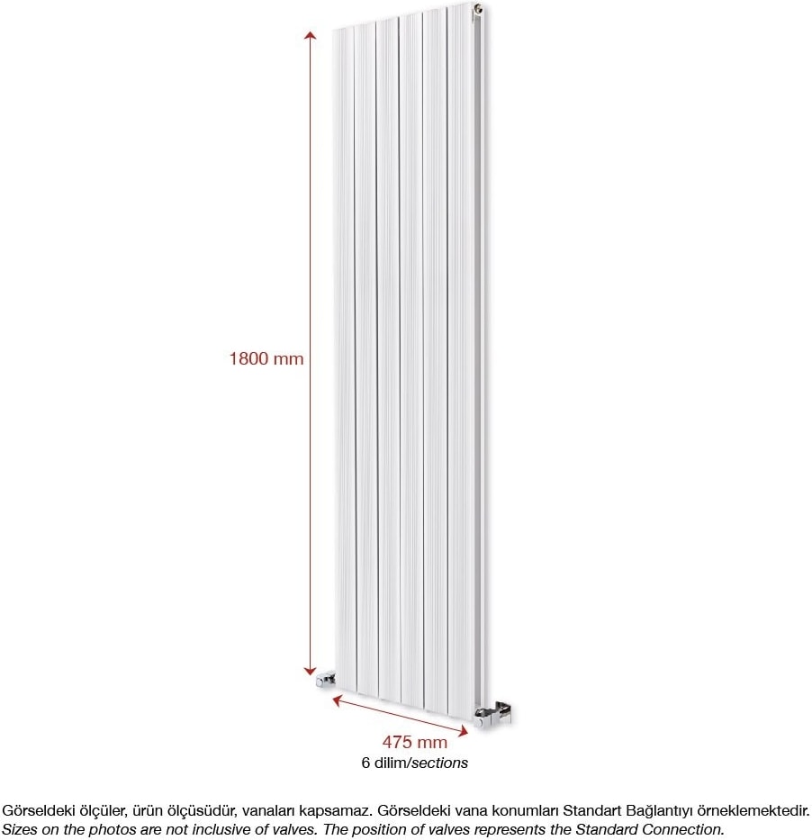1800 x 475 MM Amber Dikey Beyaz Alüminyum Radyatör Standart Bağlantı