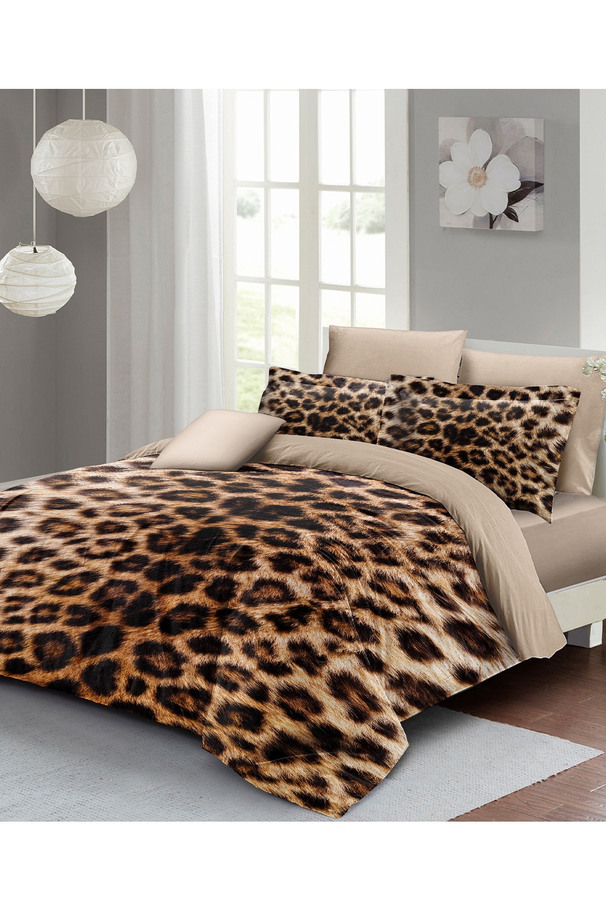 Kıng Sıze %100 Pamuk Saten Çift Kişilik Nevresim Takımı Leopard Feather 220x240cm