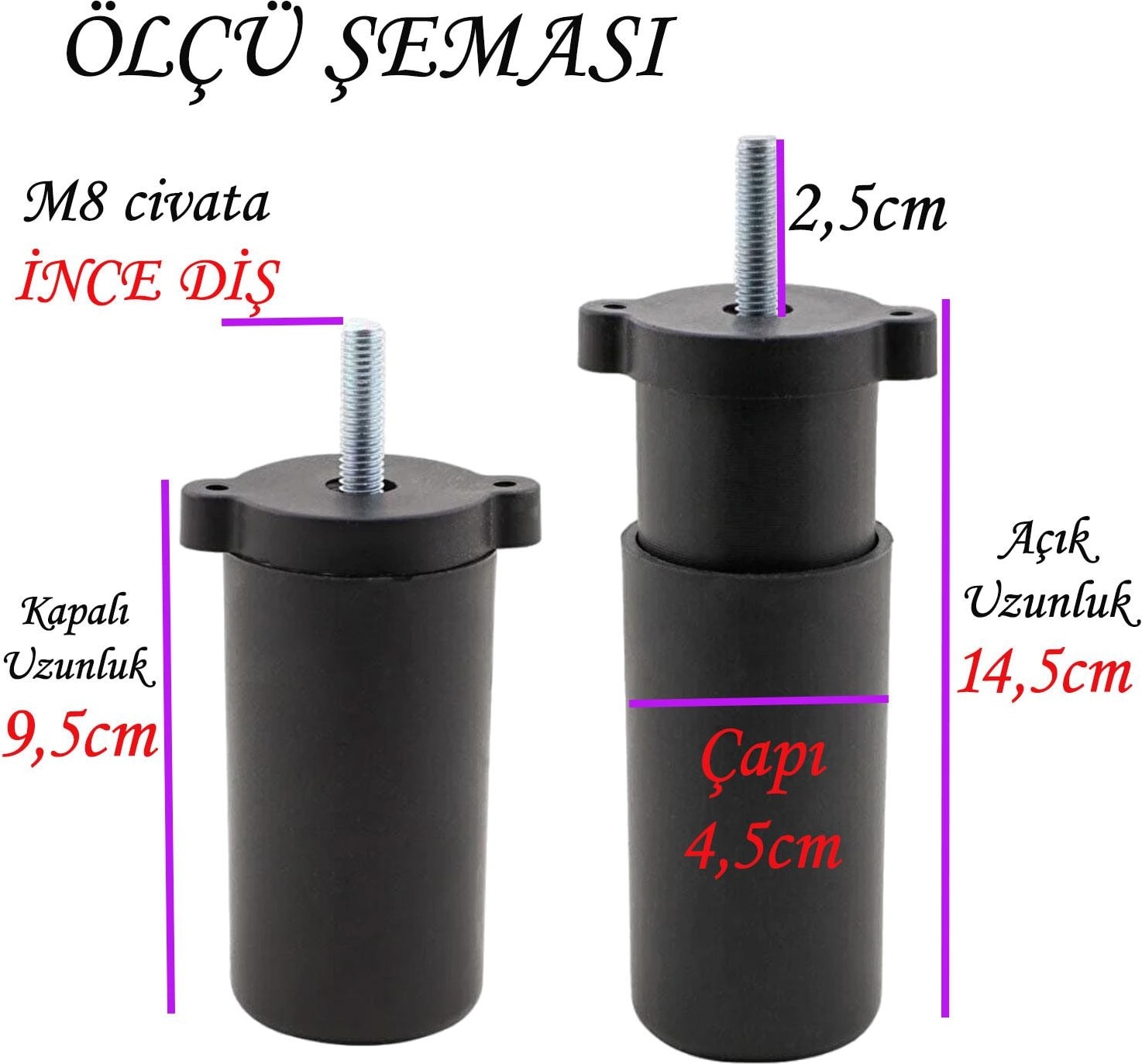 4 Adet Ayarlı Destek Ayağı 9.5 x 14.5 cm Siyah Gizli Ayak M8 Civatalı Incediş Mobilya Kanepe Baza Koltuk