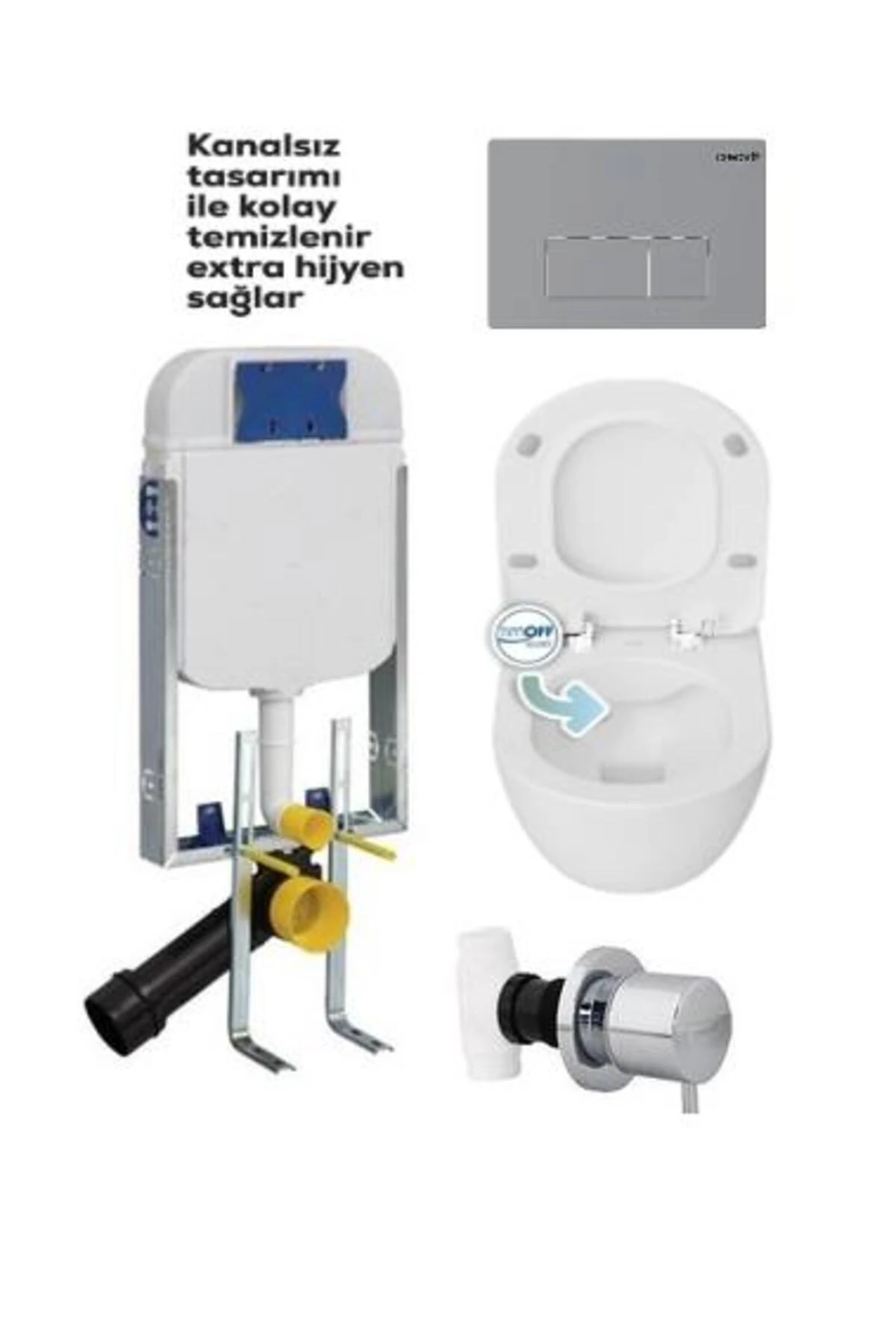 GR5001-Tp329 Kanalsız Gömme Rezervuar Seti Tam Takım Yavaş Kapanır Kapak - Mat Buton