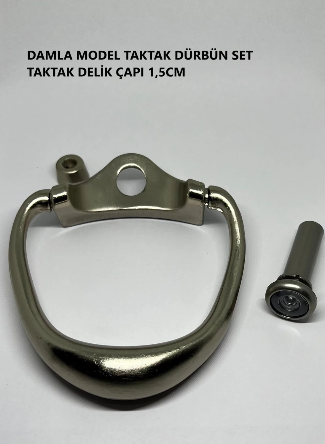 Dürbünlü Çelik Kapı Tokmağı, Damla Model, 1,5cm Delik, Saten Renk