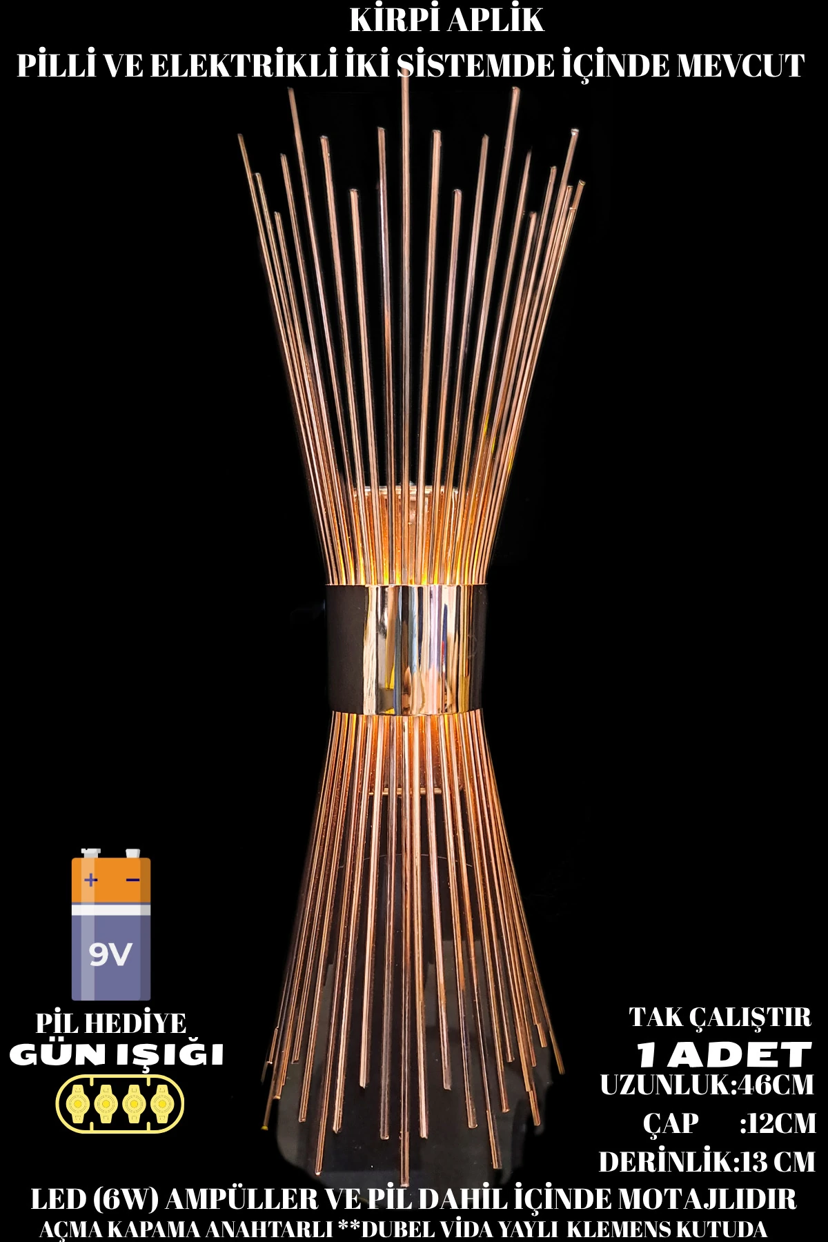 Kirpi Rose, Pilli Aplik, Anahtarlı, Pilli Elektrikli 1 Adet Ledli Duvar Aplik, Gece Lambası