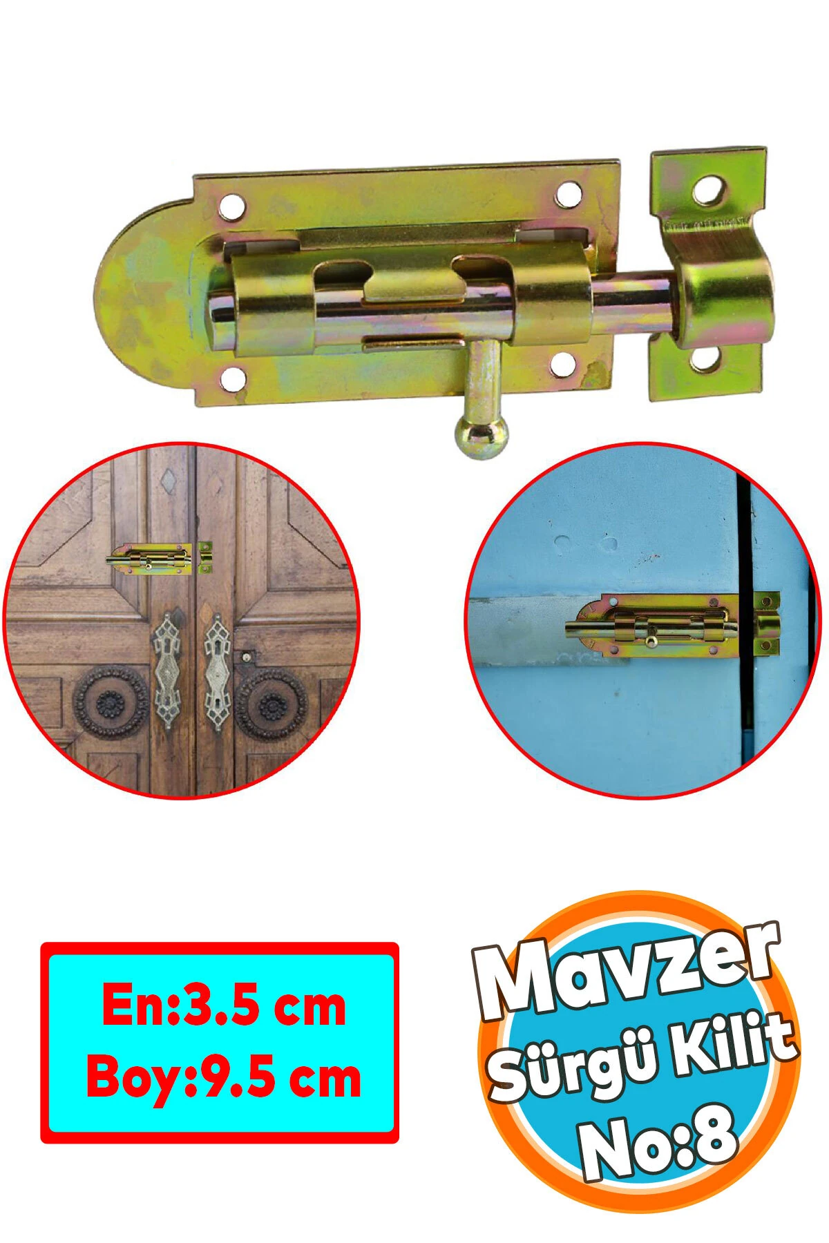 Mavzer Sürgü Kilit No:8 Kadmiyum 35x95 mm Kapı Pencere Emniyet Mandalı Kilidi