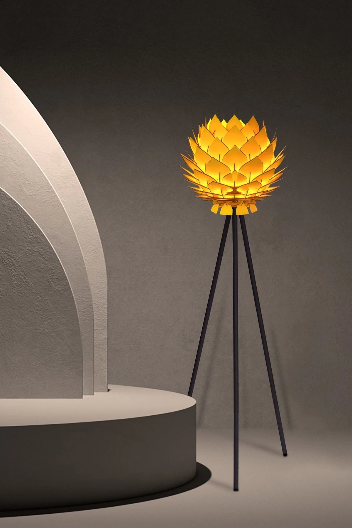 Lotus Metal Ayaklı Yerpuar Anahtarlı Ahşap Modern Tripod Üç Ayaklı Lambader Aydınlatma