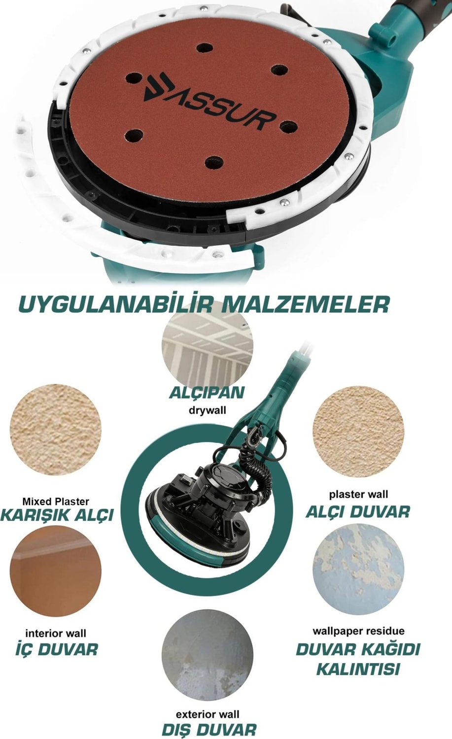 850W Alçıpan Duvar Zımpara Makinası 360° Ledli Toz Emmeli