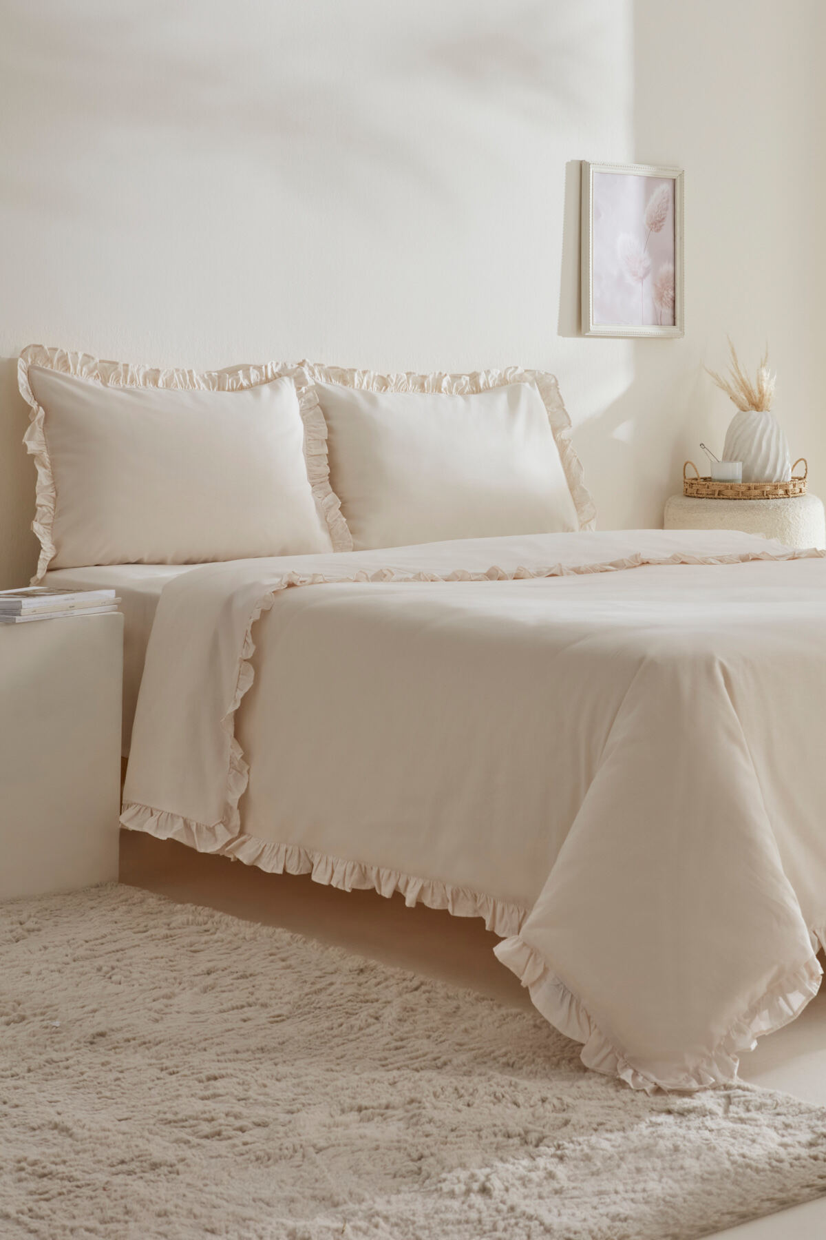 Pure Ruffle %100 Pamuk King Size Nevresim Takımı Ekru