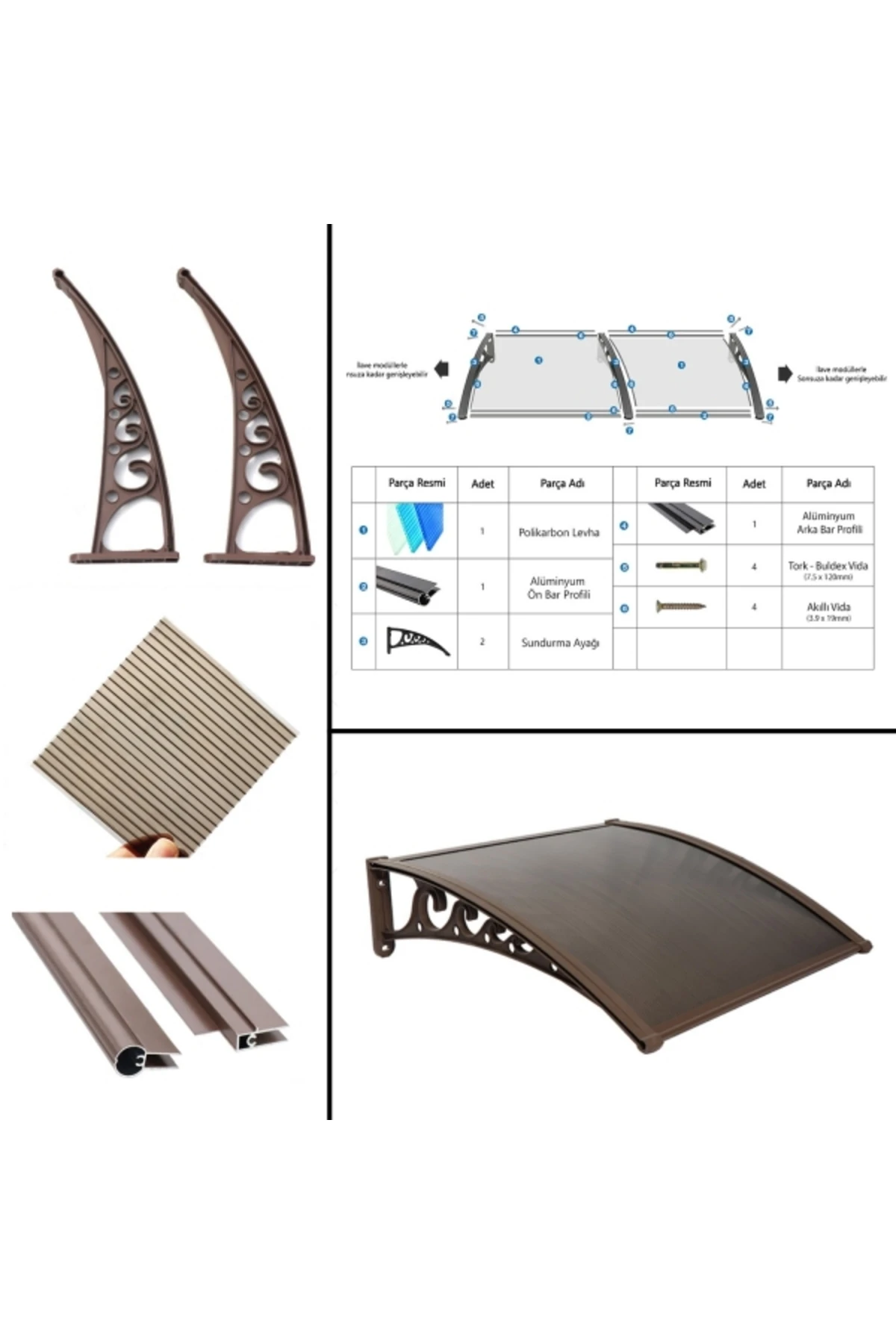 Pratik Sundurma Kapı Pencere Üstü 100x150 cm Kahve 6 mm Bronz Levha
