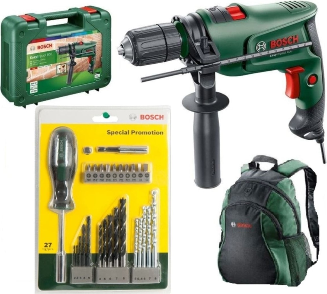BOSCH Easyimpact Uyumlu 600 Darbeli Matkap + 27 Parça Matkap Ucu Seti - Vidalama Ucu Seti - Tornavida