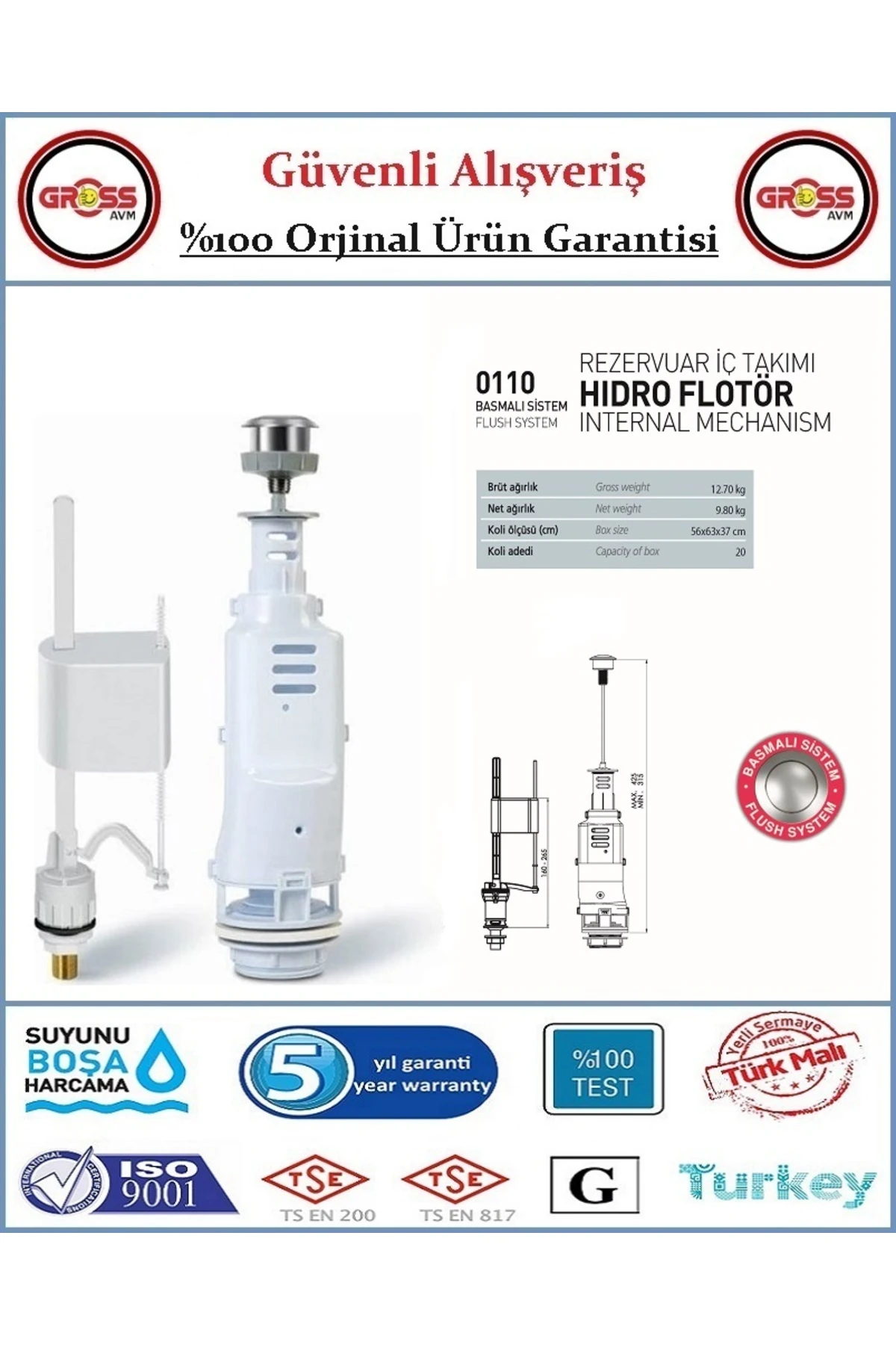 Klozet Rezervuar İç Takımı Basmalı - Orjinal Ürün - 5 Yıl Garanti