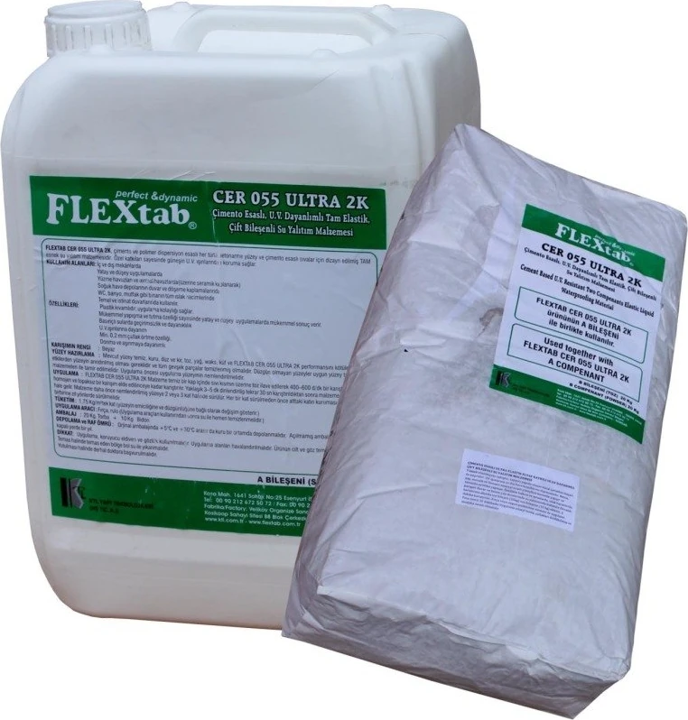 FLEX2AK Çimento ve Elastromerik Reçine Esaslı Uv Dayanımlı Çift Bileşenli Likit Su Yalıtım Malzemesi 10+20 kg