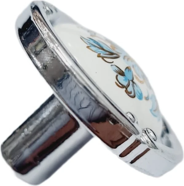 Porselen Düğme Kulp Metal Krom Beyaz Motifli / 5 Adet