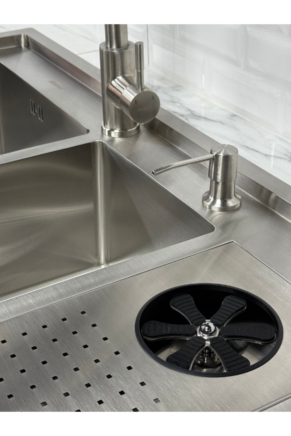 Moderno Double Paslanmaz Çelik Bardak Yıkamalı 2 Göz Akıllı Mutfak Evyesi INOKS Renk 96x50cm