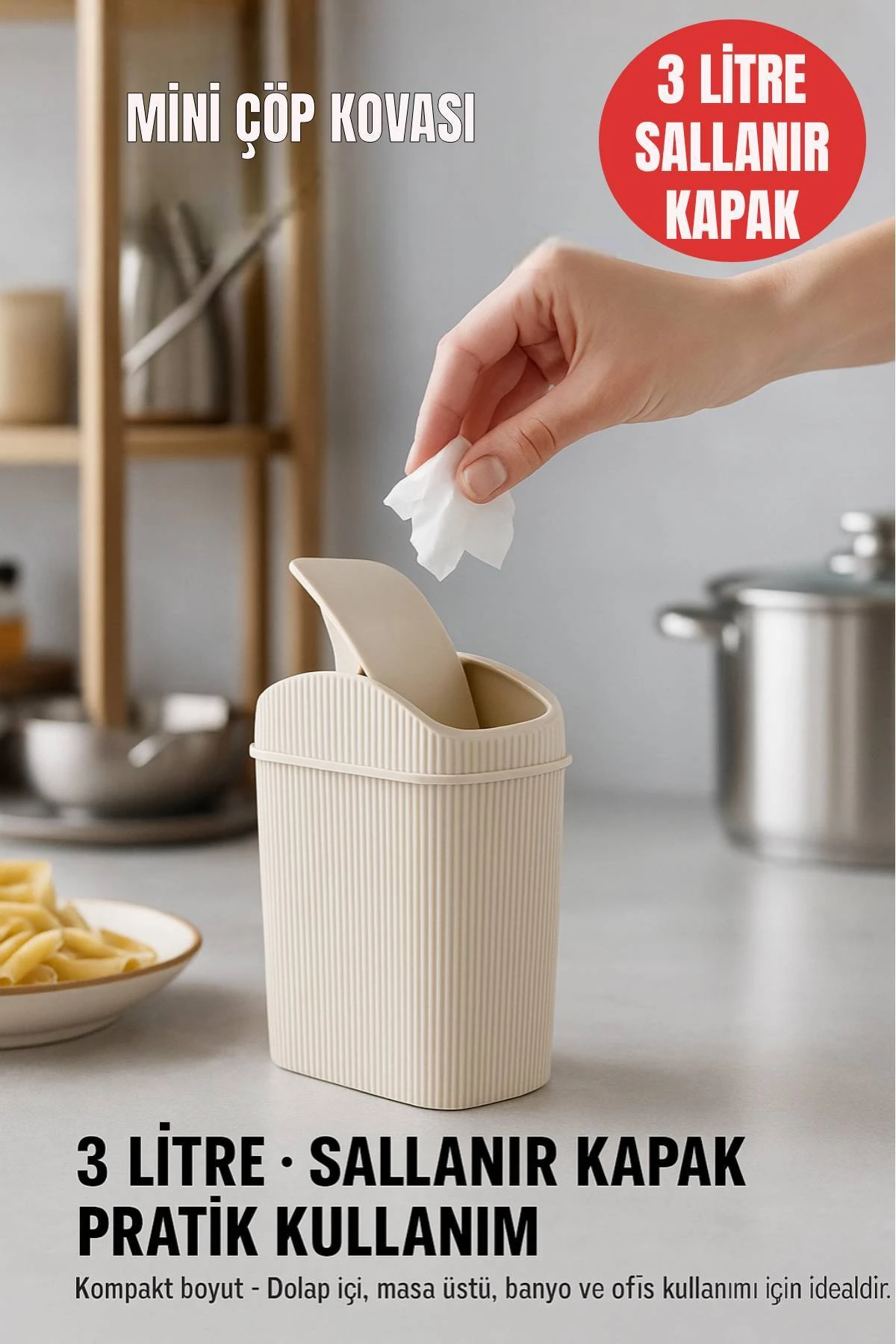 Mini Çöp Kovası, Mutfak, Banyo, Tuvalet, Ofis Çöp Kutusu Krem