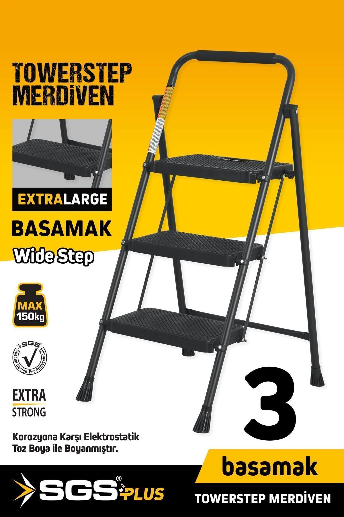Sgs1193 Towerstep 3 Basamak Extra Geniş Basamaklı Metal Merdiven 150 Kg Taşıma Kapasiteli