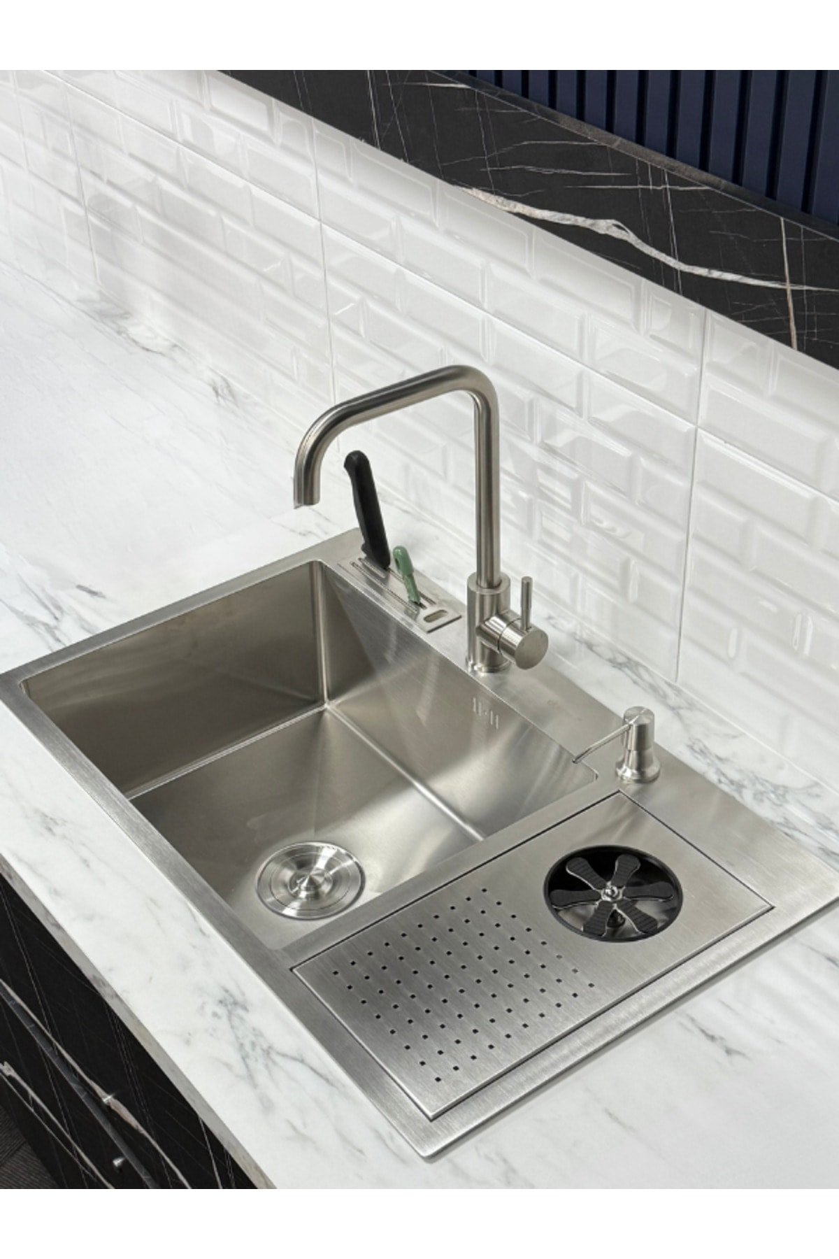 Moderno Paslanmaz Çelik Bardak Yıkamalı Akıllı Mutfak Evyesi Inoks Renk 68x45cm Eviye