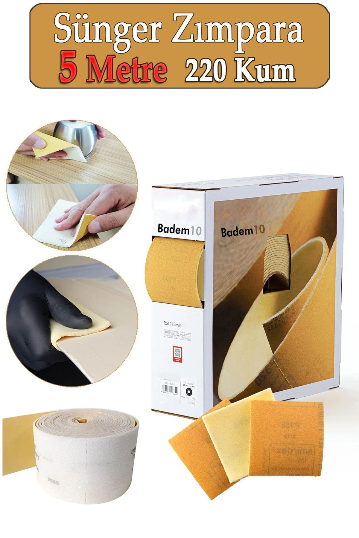 (5 METRE) Ahşap Süngeri Zımpara 220 Kum Kağıdı Mutfak Banyo Bulaşık Bant Kağıt Süngerli Zımpara