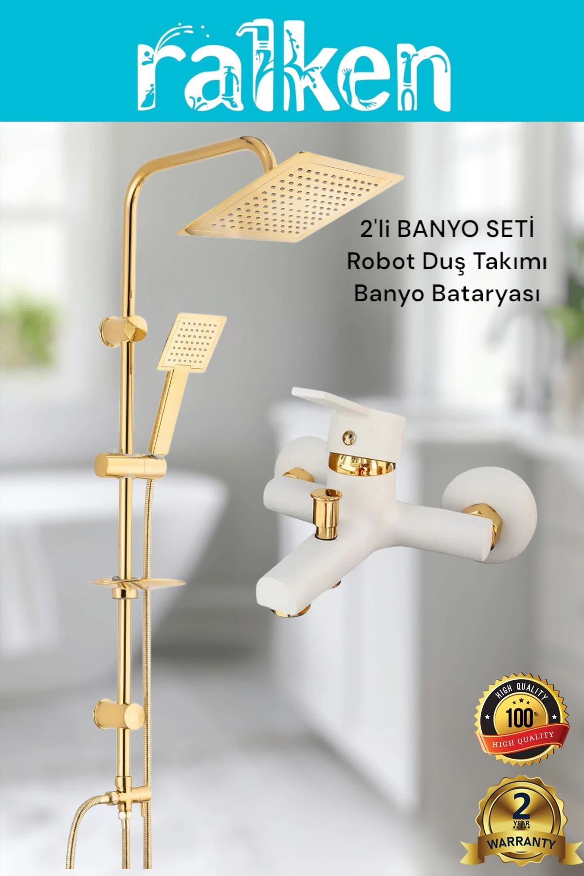 Lüx Beyaz Gold Kare 2’li Banyo Duş Seti Robot Tepe Duş ve Banyo Duş Bataryası Banyo Takımı