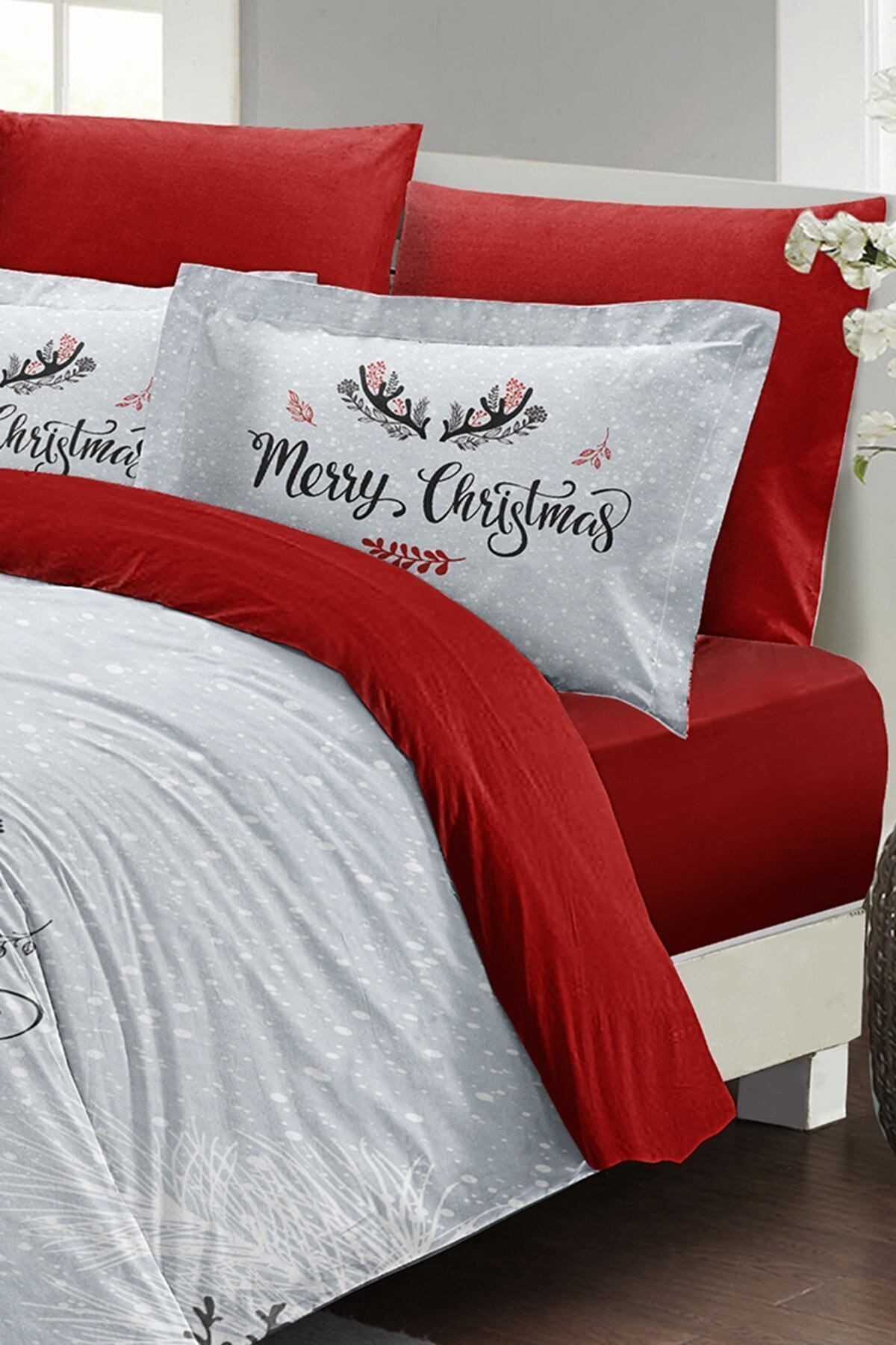 Yılbaşı Nevresim Takımı (Lastikli Çarşaflı) Çift Kişilik %100 Pamuk Saten Wıshing Noel
