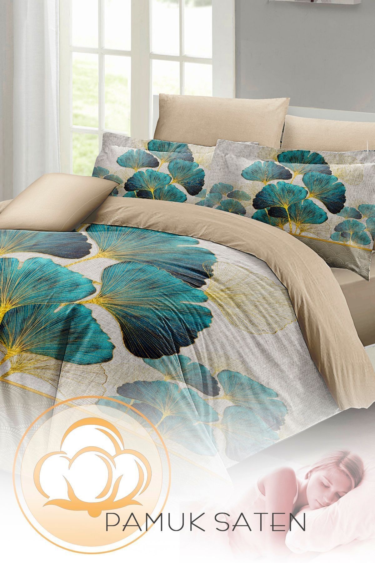 Luxury Leaves linens Çift Kişilik Pamuk Saten Nevresim Takımı