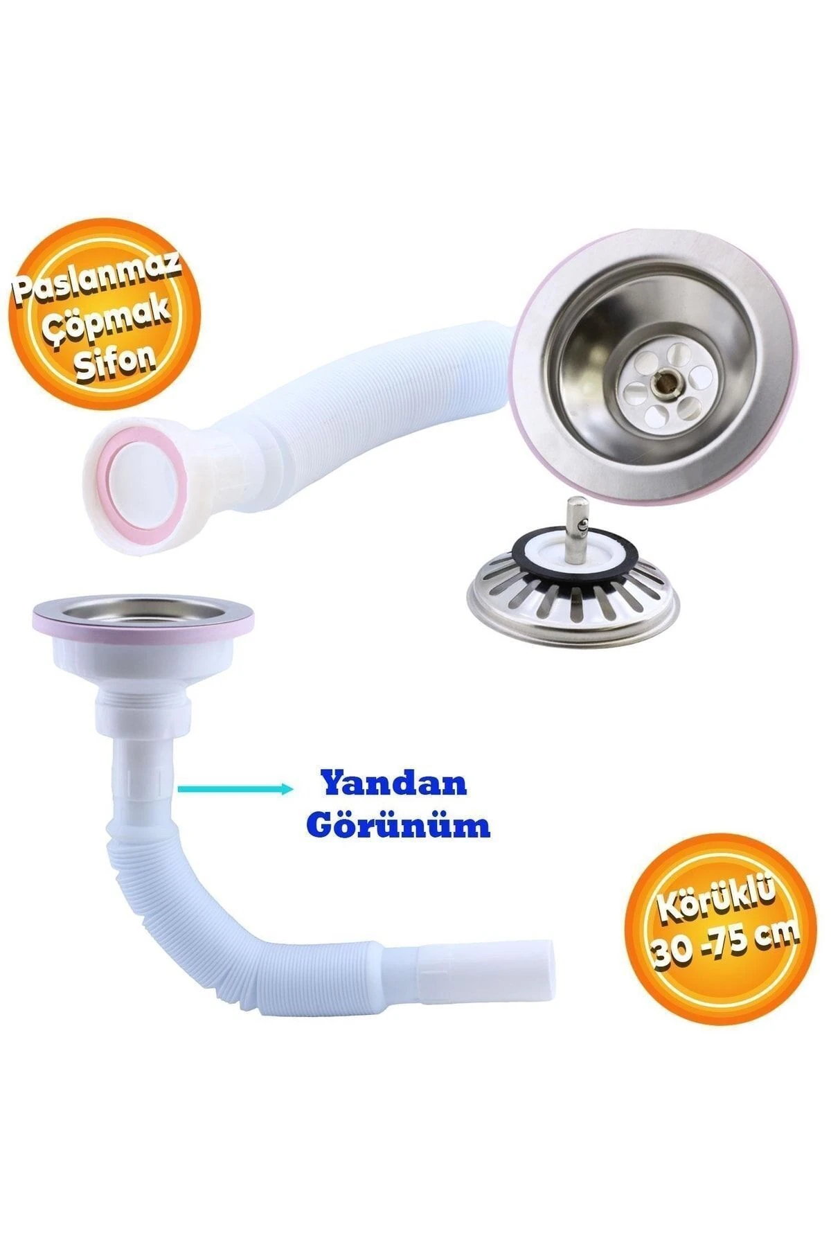 Lüks Çöpmak Körüklü Evye Lavabo Evye Sifonu Pis Su Gideri Borusu Plastik Geniş Kafa 30 -75 Cm