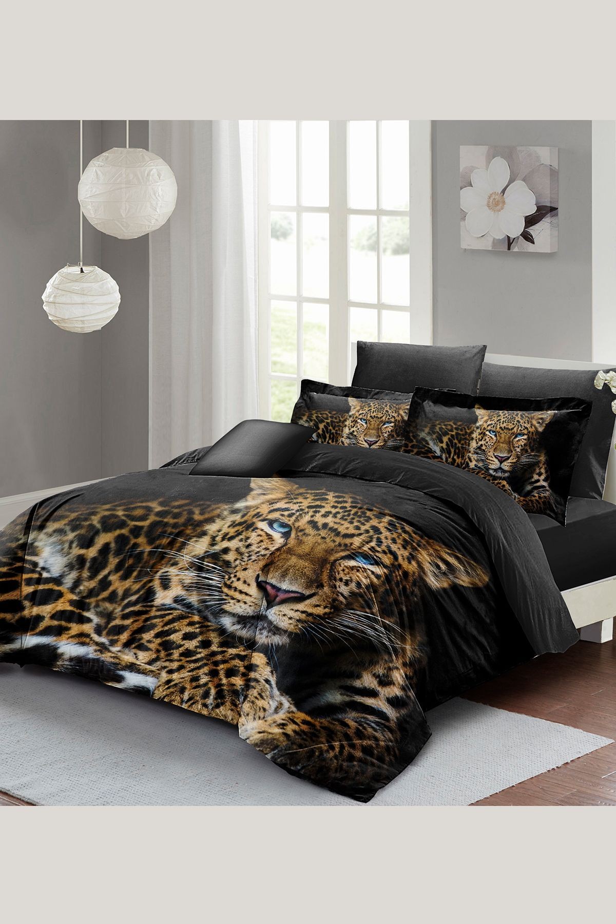 Kıng Sıze %100 Pamuk Saten Çift Kişilik Nevresim Takımı Leopard Eyes 220x240cm