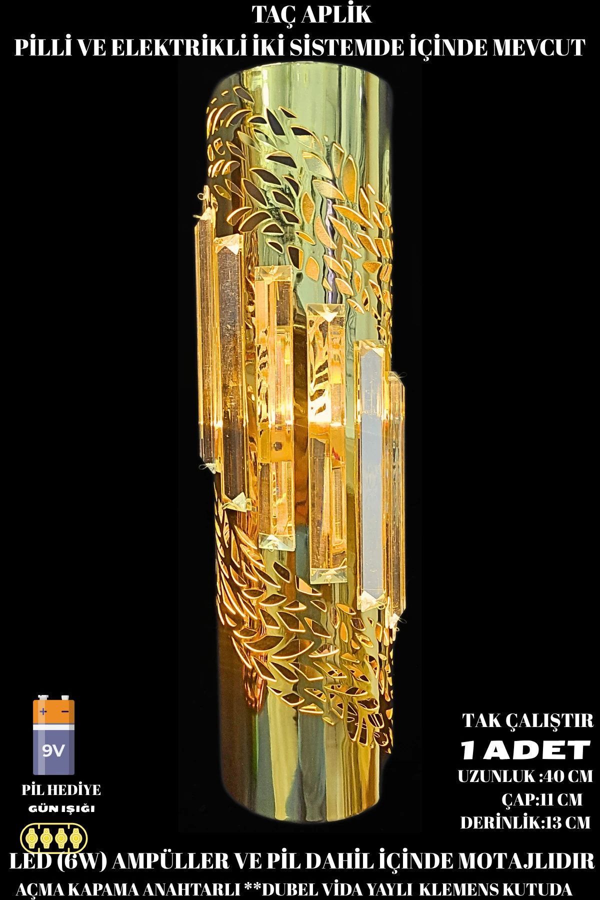 Taç Aplik Gold, Pilli Aplik, Anahtarlı, Pilli Elektrikli Ledli Duvar Aplik, Gece Lambası