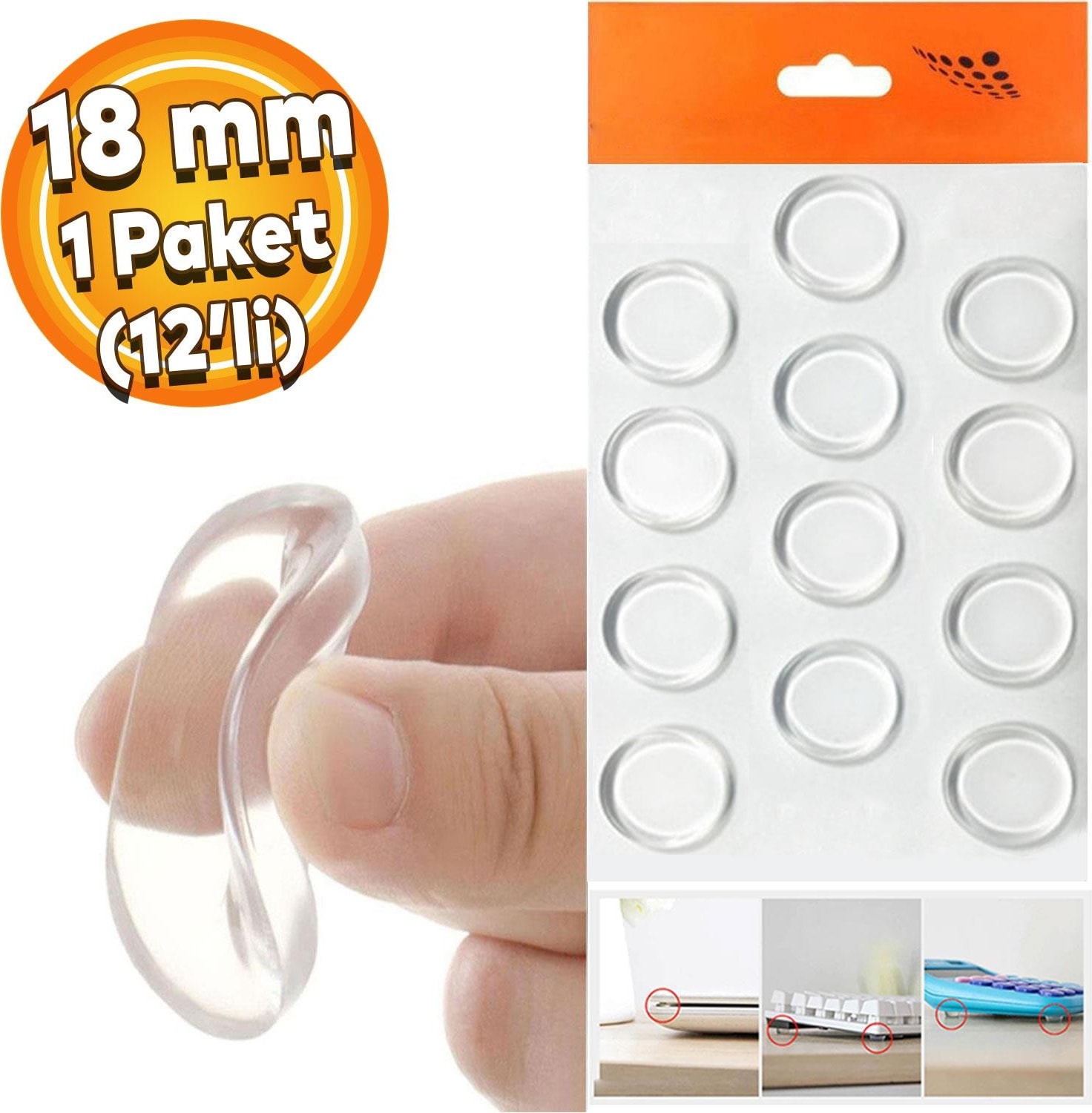 Yapışkanlı Cam Tutucu Şeffaf 18 mm 12'li Mobilya Raf Ses Tutucu