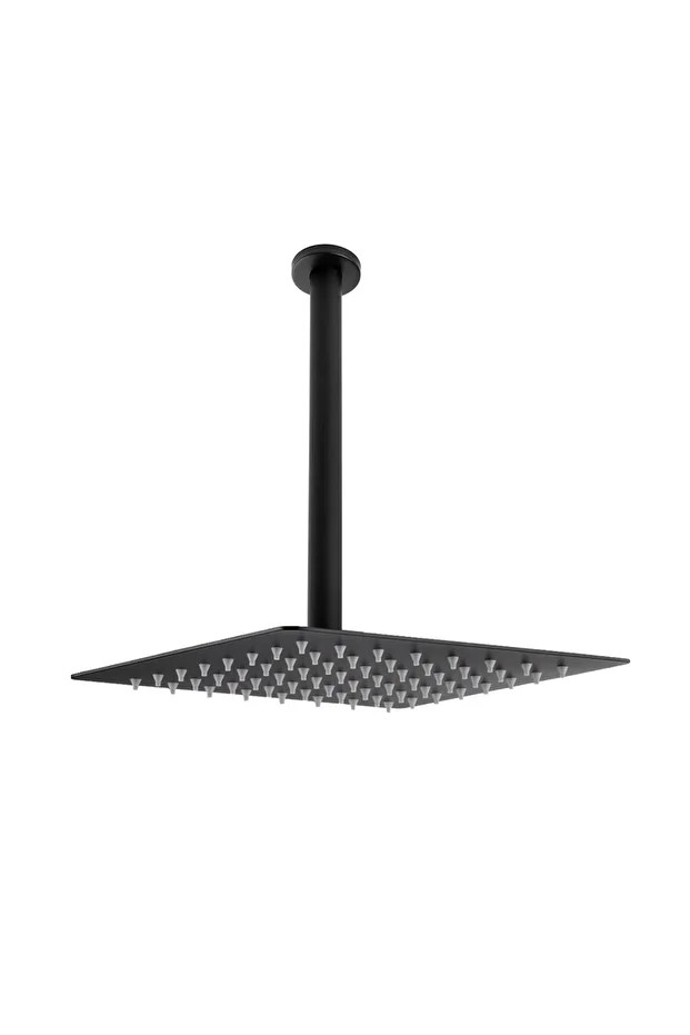 Ankastre Duş Başlığı Borulu Kare Slim Metal 25x25 Cm Tavandan Siyah