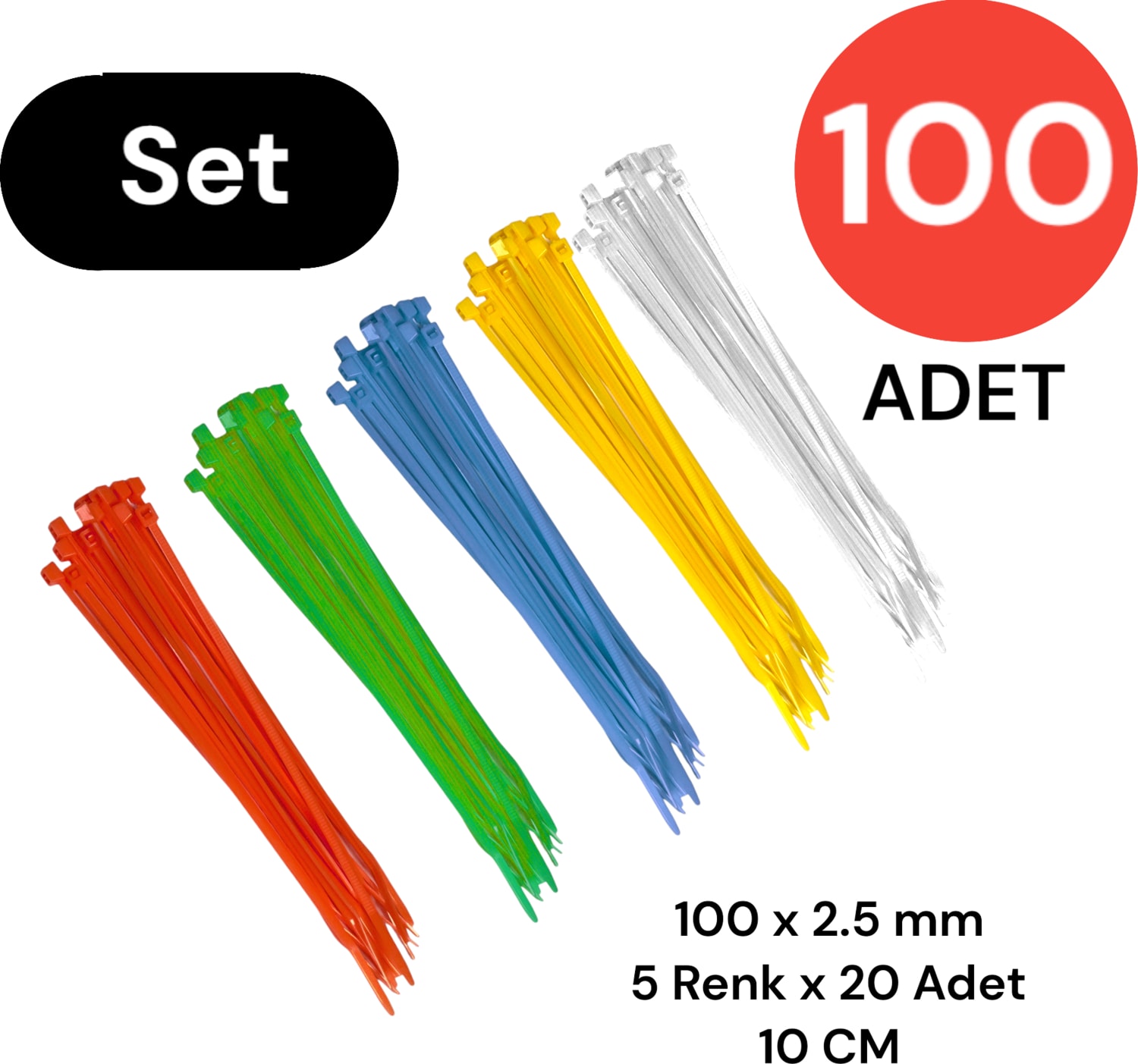 Plastik Kablo Bağı Klipsi Cırt Kelepçe Karışık Renk Set 100 mm 5 Renk x 20 Toplam 100 Adet