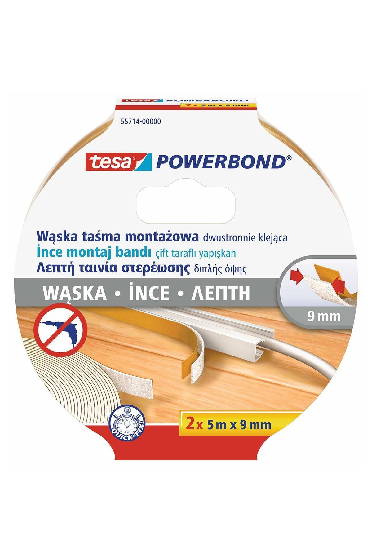 TESA Powerbond İnce Çift Taraflı Montaj Bandı, 5m:9 mm