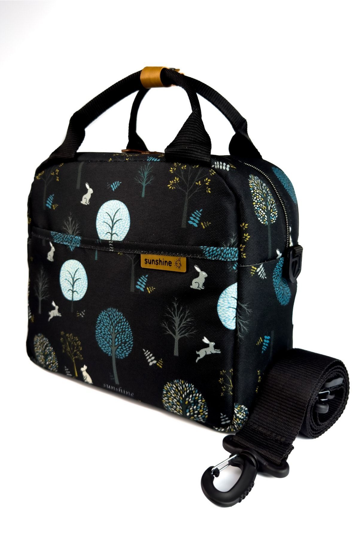 Siyah Ağaç Desenli Isı Izolasyonlu Yemek Taşıma Ek Gıda Beslenme Omuz Çantası