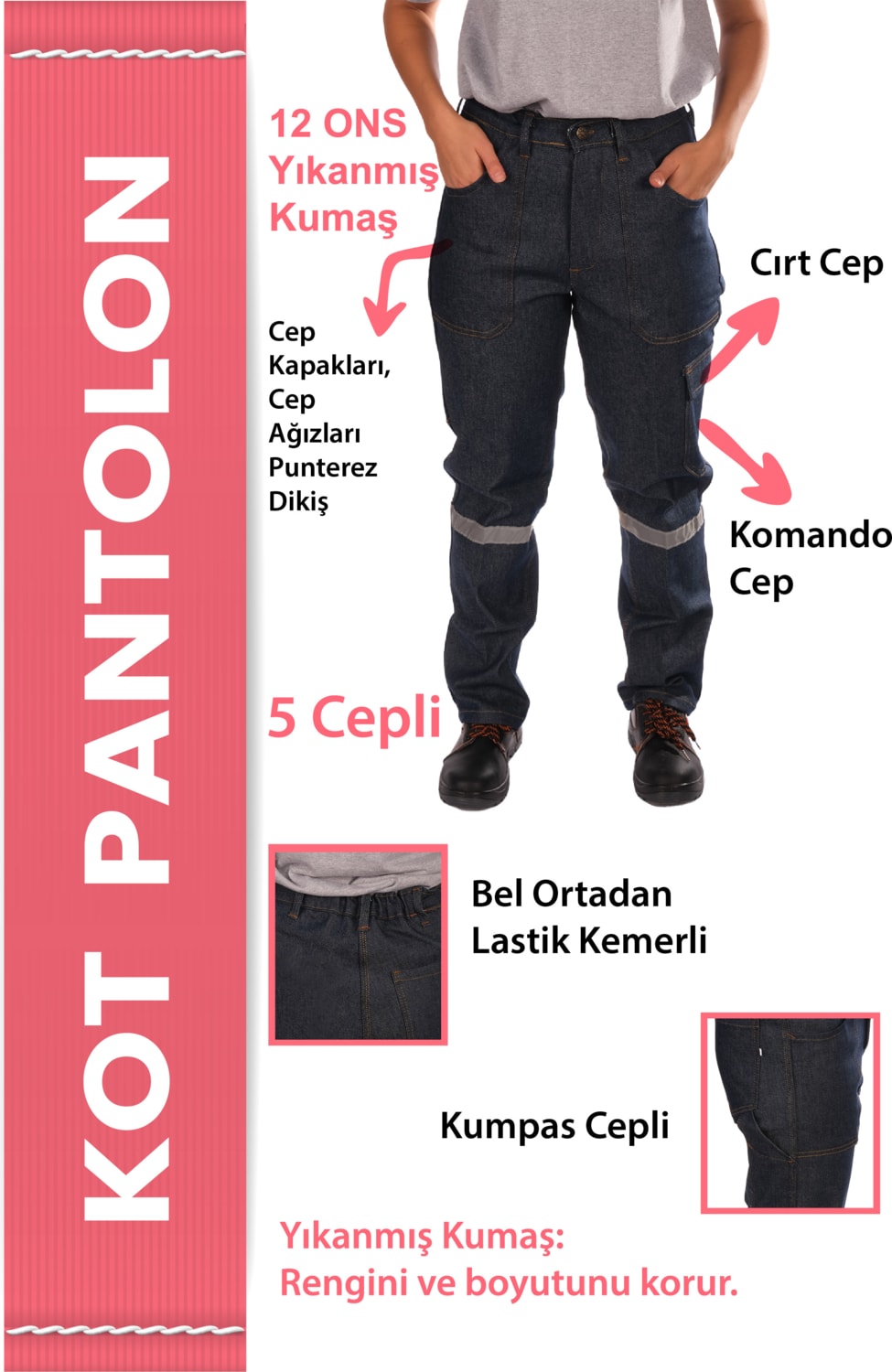 5 Cepli Reflektörlü Kot İş Pantolonu – 12 Ons Kumaş – Uzun Ömürlü ve Sağlam İş Pantolonu