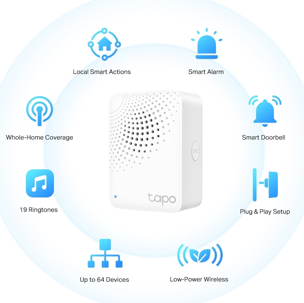 Tapo H100 | Akıllı Hub | 64 Cihaz | 19 Zil Sesi | Kablolamasız | Düğme ve Sensör Kontrol | Tapo Ekosistem Hub