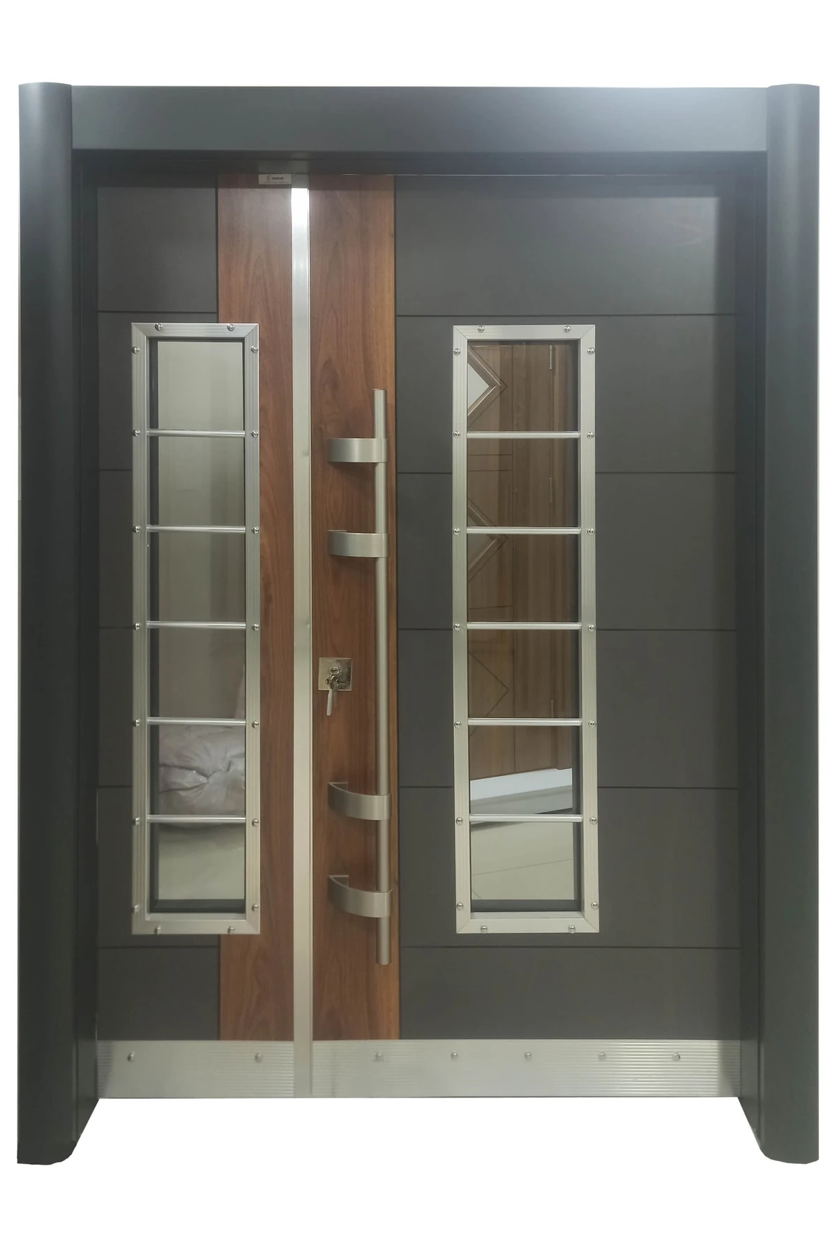 Çelik Kapı Modelleri Antrasit Rengi Bina Giriş Kapısı, Iki Renk ( Ahşap Desenli ) Sol