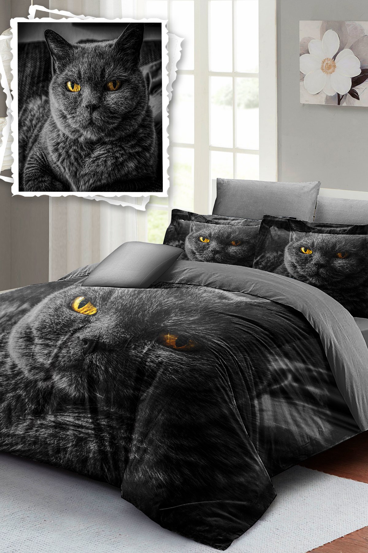 Kıng Sıze Serious Cat Naturel Çift Kişilik Nevresim Takımı 220x240cm