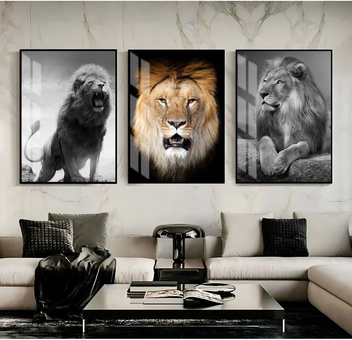 Aslan Kaplan Leopar Tablosu Çerçeveli Temperli Cam Tablo 3'lü