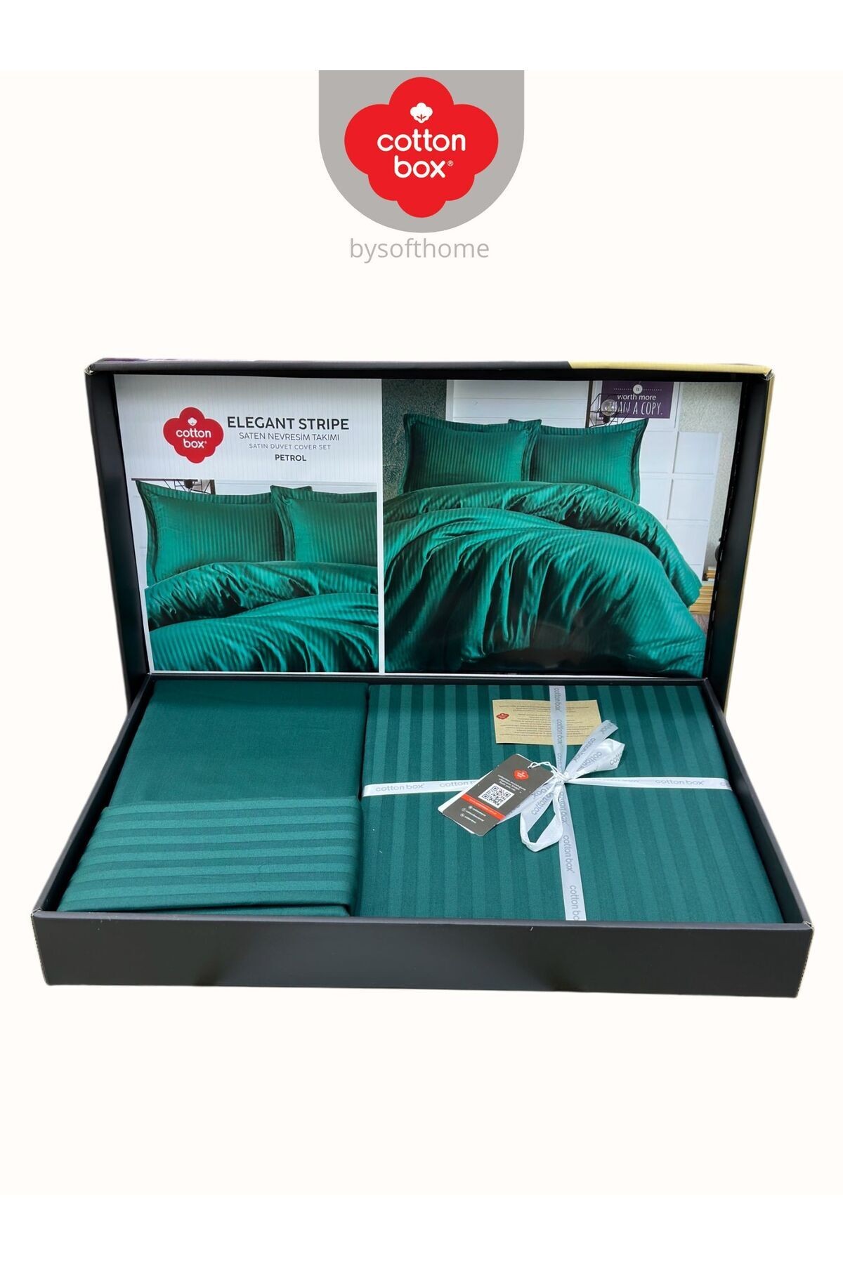 Elegant Stripe Petrol Çift Kişilik Pamuk Saten Nevresim Takımı