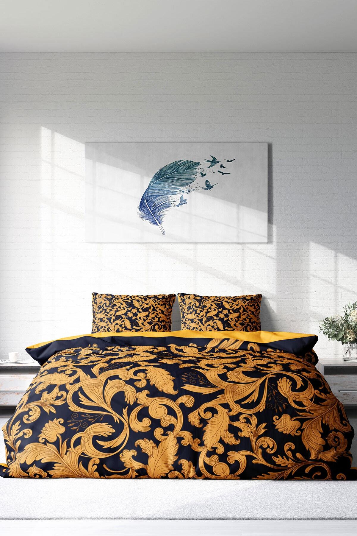 Kıng Sıze Gold Floral 3d Çift Kişilik Nevresim Takımı 220x240cm