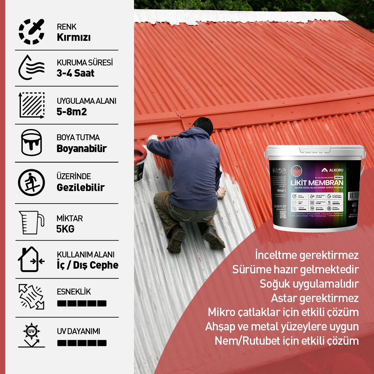 5 kg Kırmızı Likit Membran Renkli Reçine Esaslı Sıvı Su Yalıtım Malzemesi