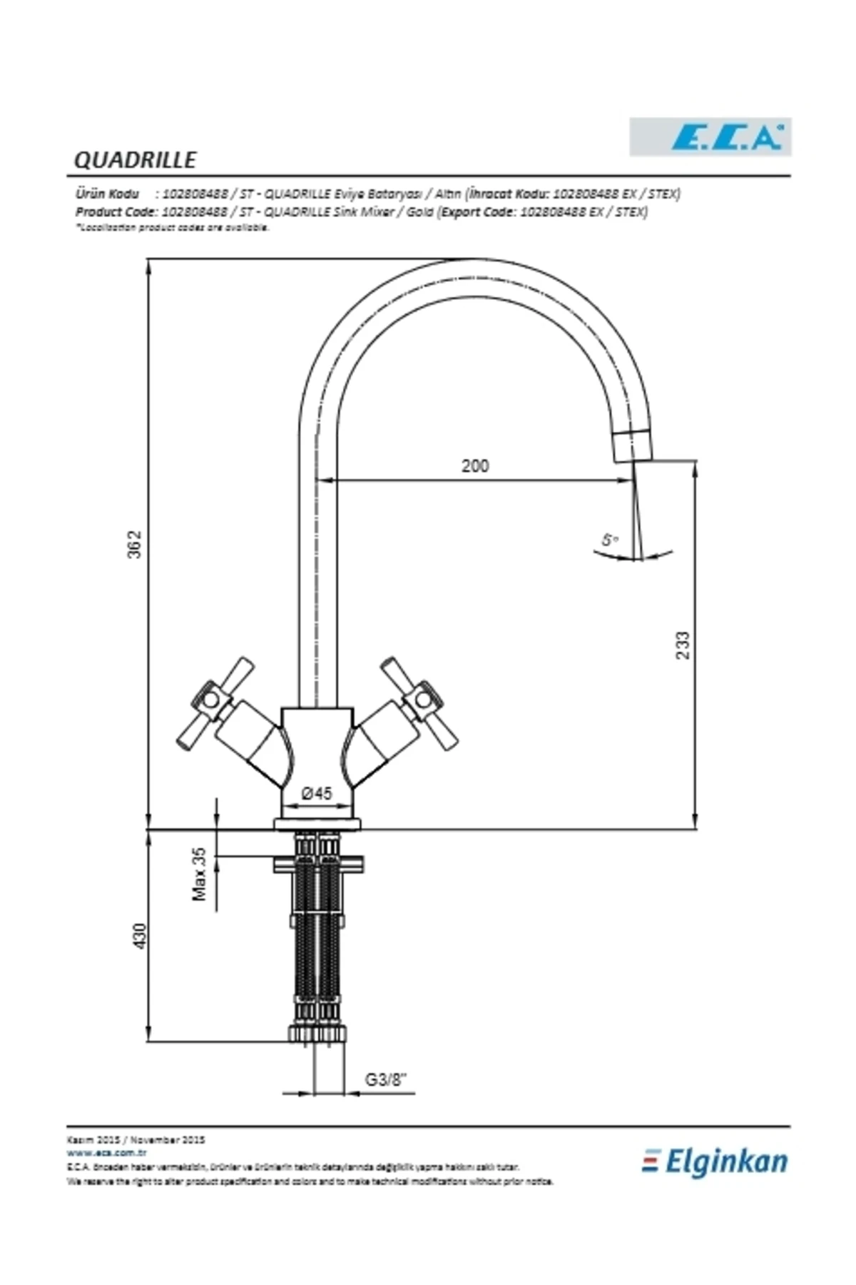 Quadrille Eviye Batarya Kuğu Borulu Altın Görünümlü