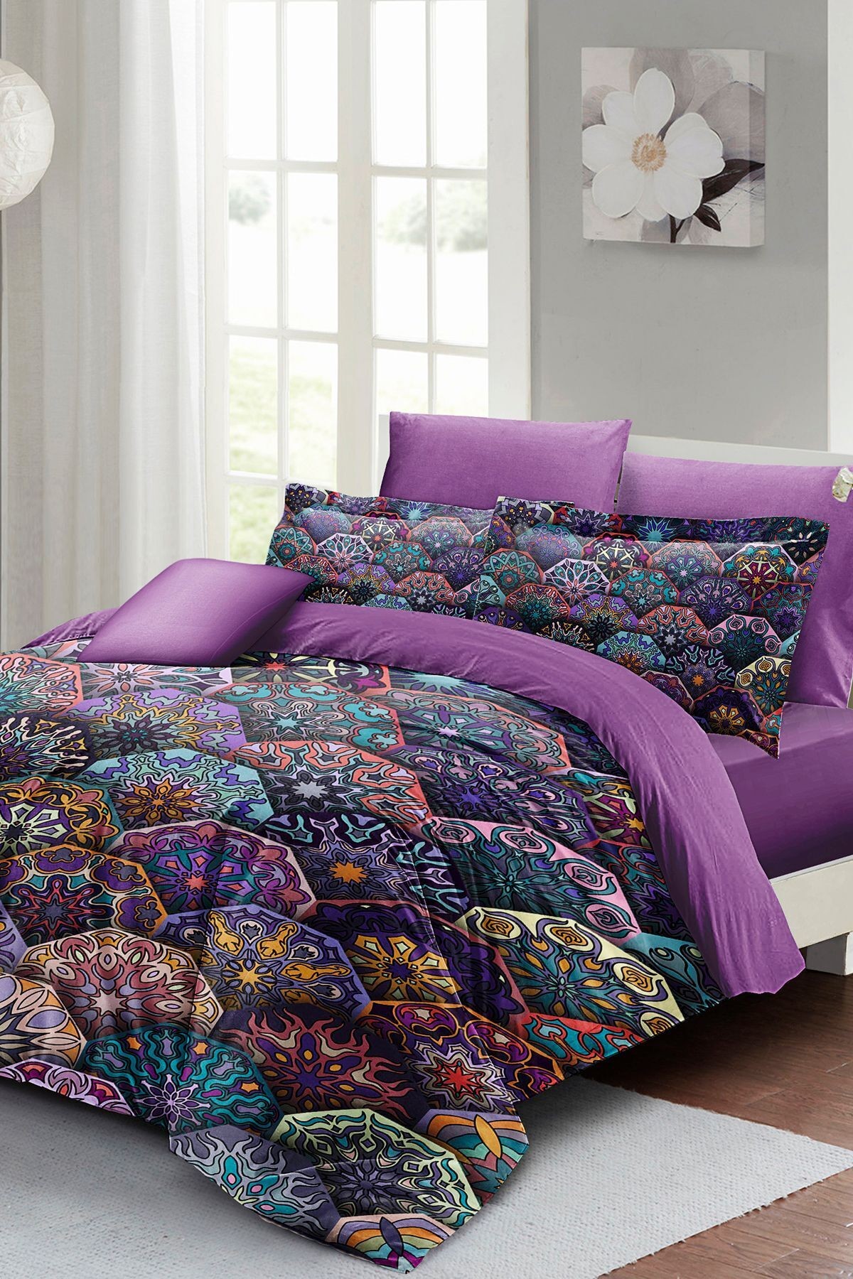 Ethnic Purple 3d Pamuk Saten Çift Kişilik Nevresim Takımı