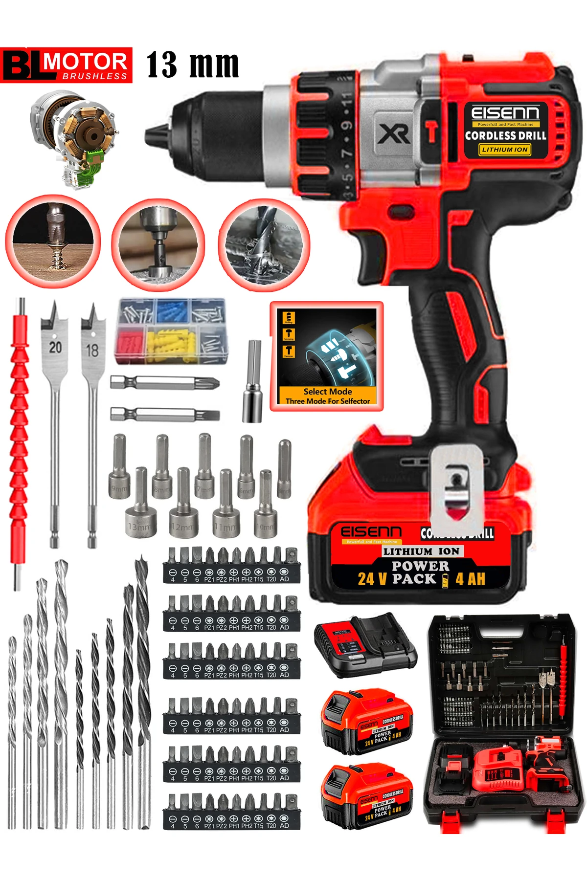 German Kömürsüz Motor Xr-red Darbeli 13 Mm Şarjlı 2 Akülü Vidalam Matkap 10 Pilli 84 Pcs Set