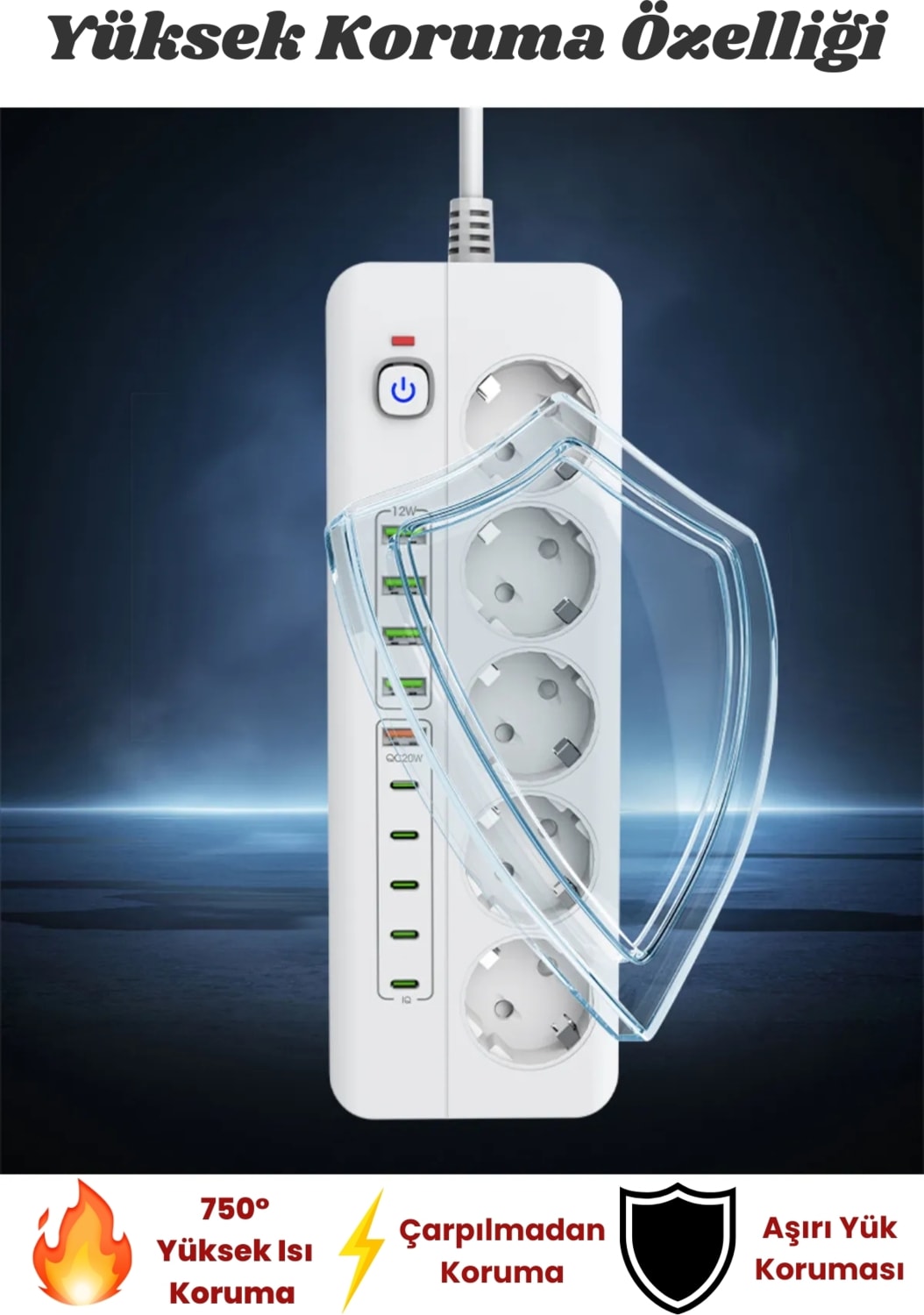 Pro P13 3000W Akım Korumalı 5 Girişli Type-C ve USB Girişli Uzatmalı Grup Priz