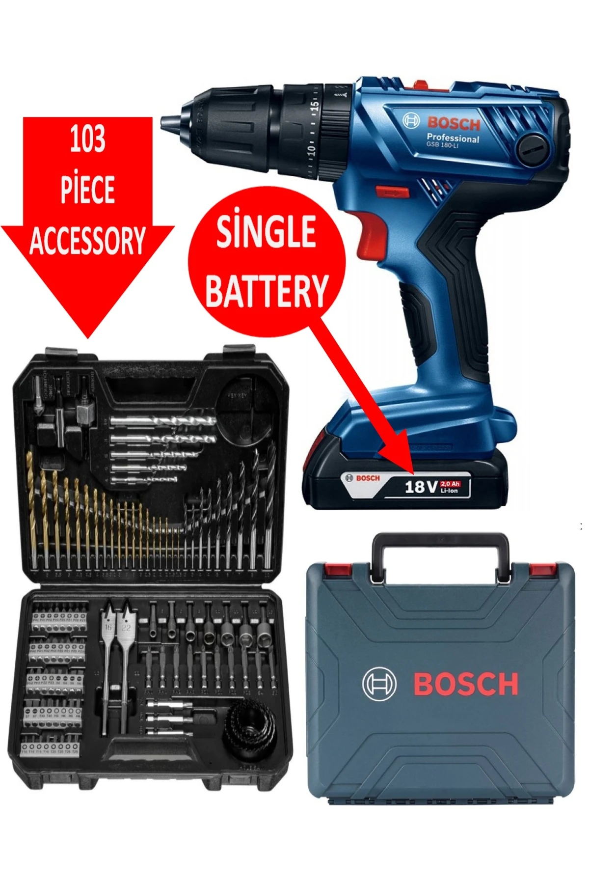 Cordless Impact Drill Cordless Combi Single Battery 18 Volt + 103 Piece Drill Screwdriver Bit